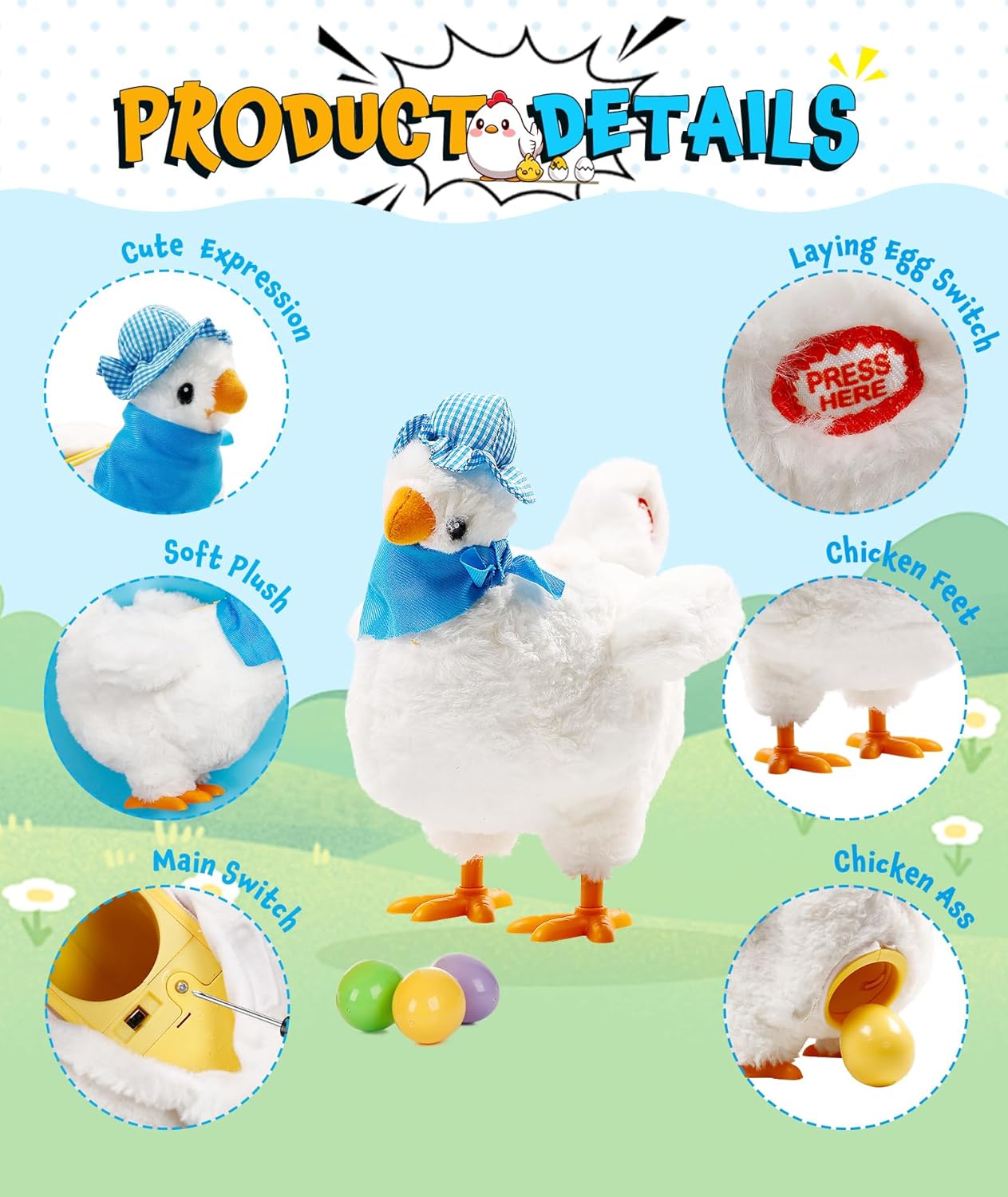 Singing Egg Laying Chicken Toy - Electric Plush Interactive Toy for Kids Easter Holiday Birthday Gift,White