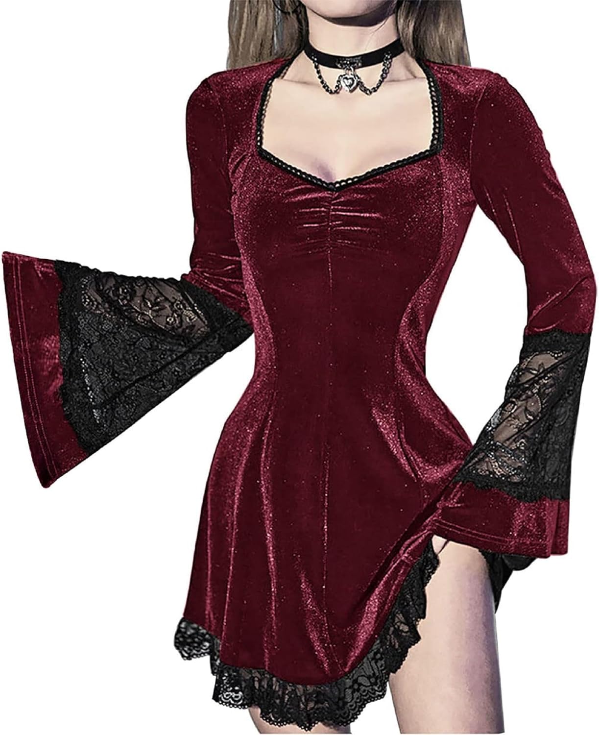 TSMNZMU Gothic Mini Dress Vintage Long Flare Sleeve Velvet Dresses Punk Grunge Witchy Dress Emo Alt Lolita Fairy Dresses