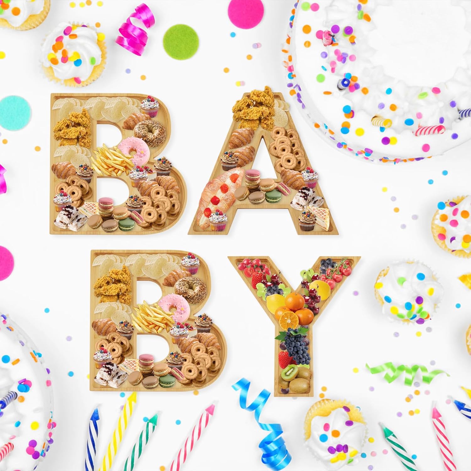 4pcs Baby Wooden Letter Charcuterie Board Box, Fillable Food Trays Candy Cupcake Container Fruit Platter for Birthday Baby Shower Party Graduation Gift Anniversary Banquet New Year