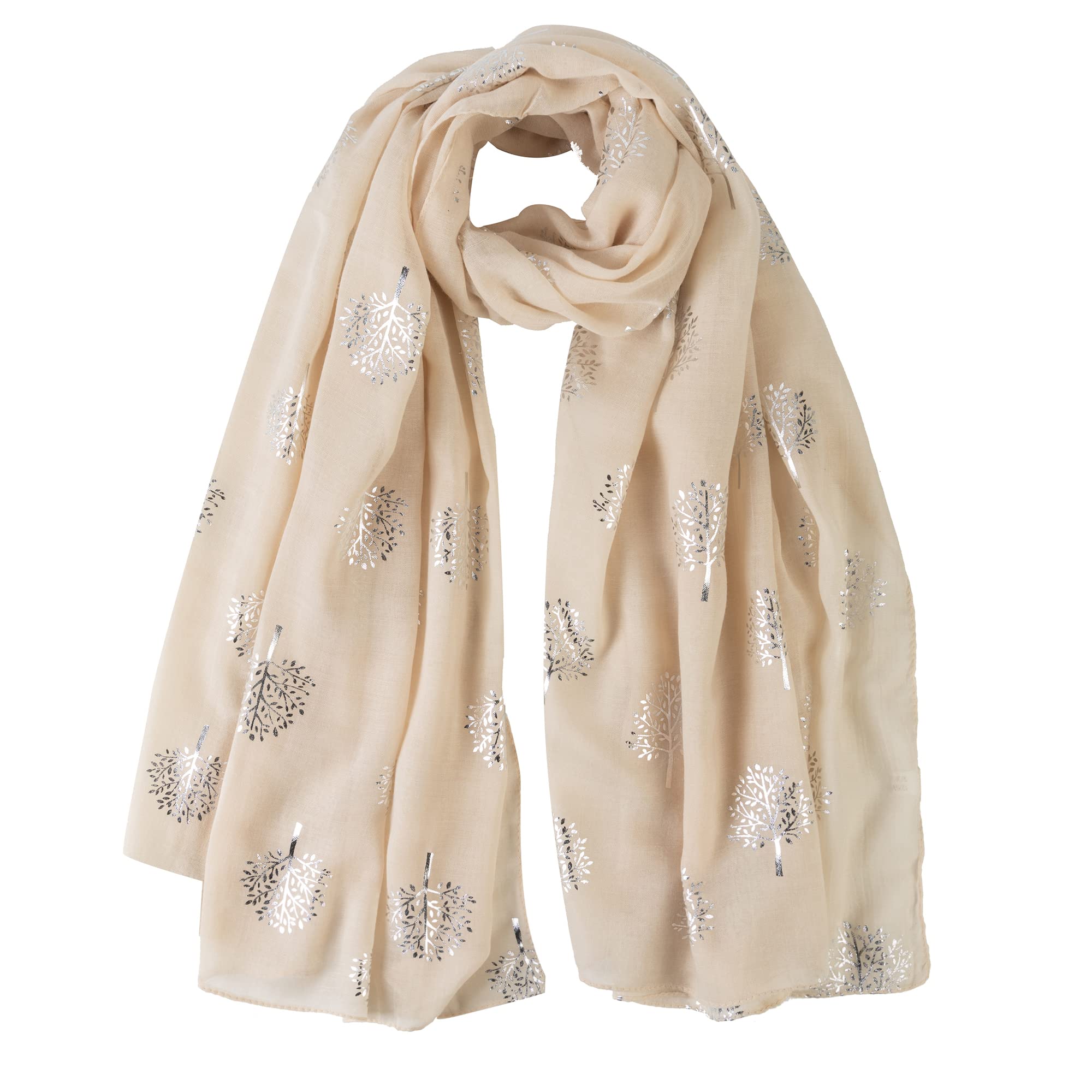 London Scarfs Women's Ivory Cream Glitter Mulberry Trees Scarf Foil Printed Tree Fashion Wrap (Ivory Cream)