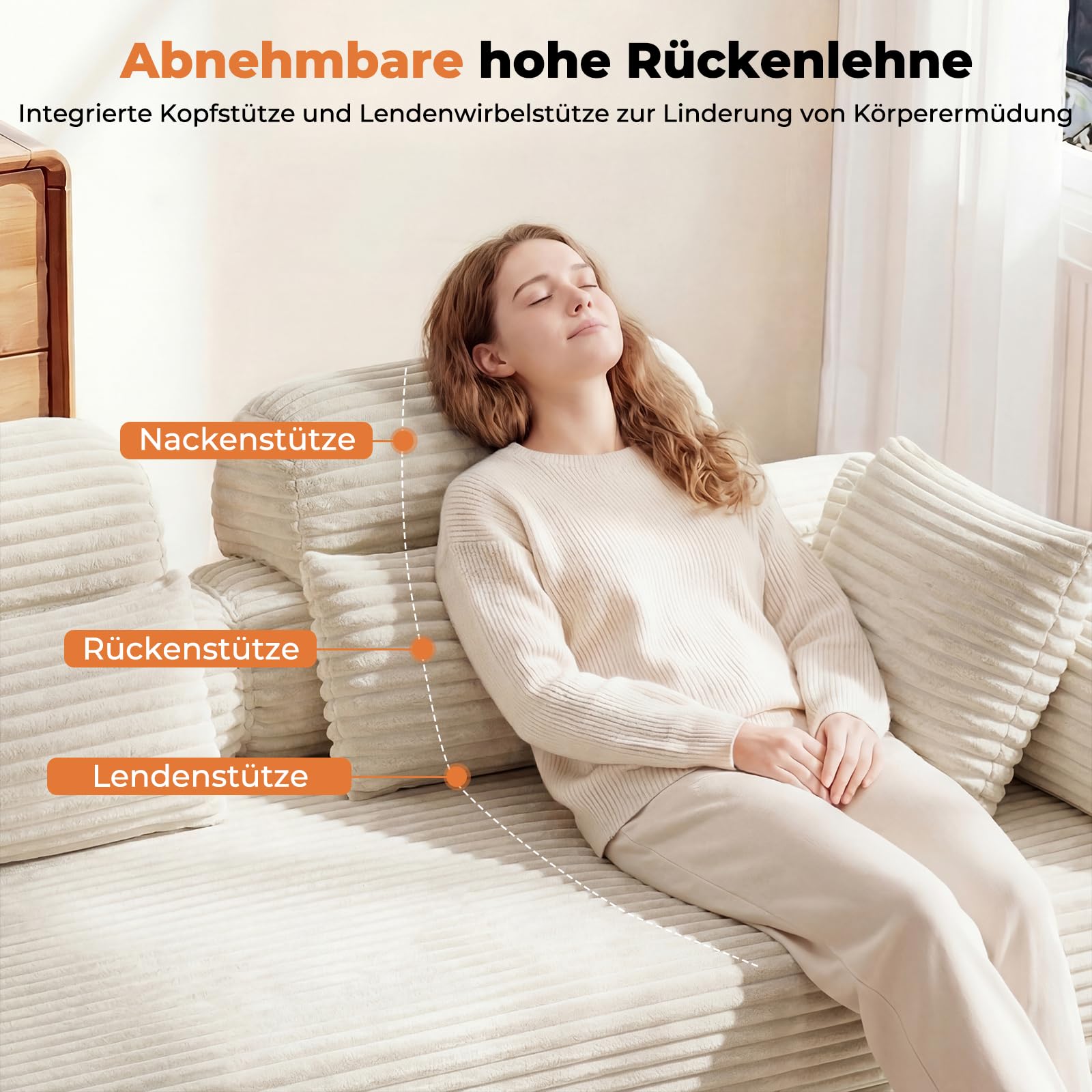 HOMRELEXA Schlafsofa 200cm Breit, Boneless Couch, Bodensofa Bed mit Hohe Rückenlehne, Abnehmbare Integrierte Kopf- und Lendenstütze, 2 Zierkissen, Seitentasche, Cord Sofa mit schlaffunktion, Beige