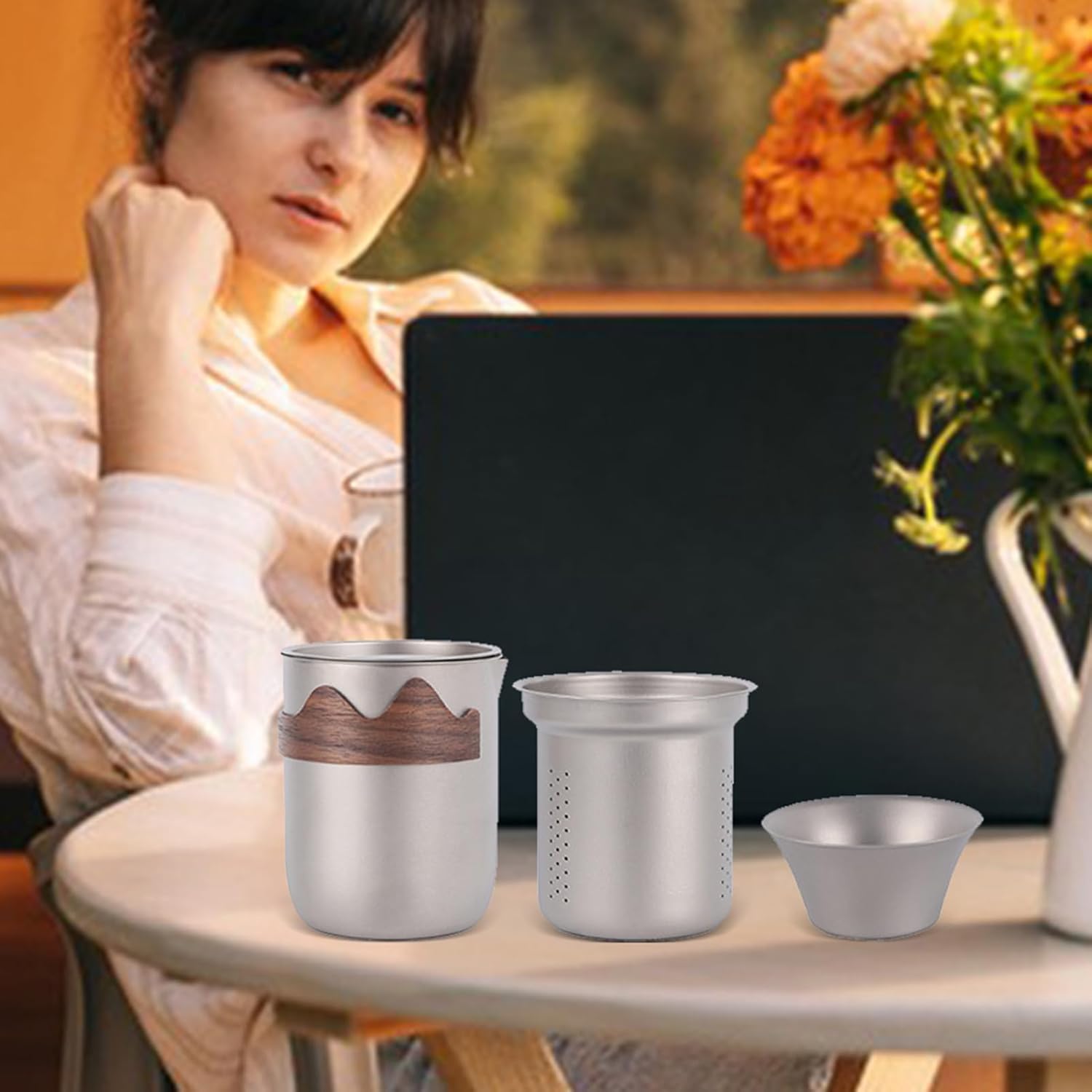 チタン製カンフーティーセット, キャンプ用 ティーポット キット, 二重構造ティーポット, ハイカー キャンパー ピクニック 車中泊