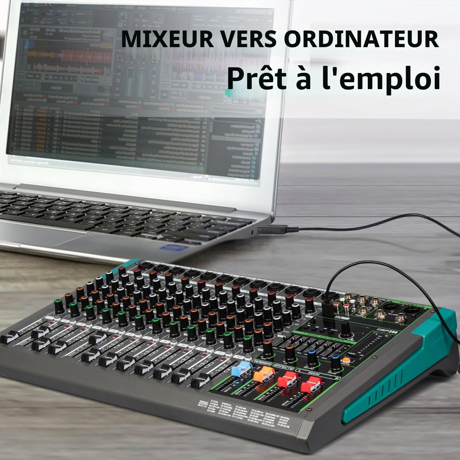 Depusheng PA12 Table de mixage professionnelle 12 canaux Contrôleur DJ avec 256 effets DSP Entrée Bluetooth Lecteur USB Alimentation fantôme 48V
