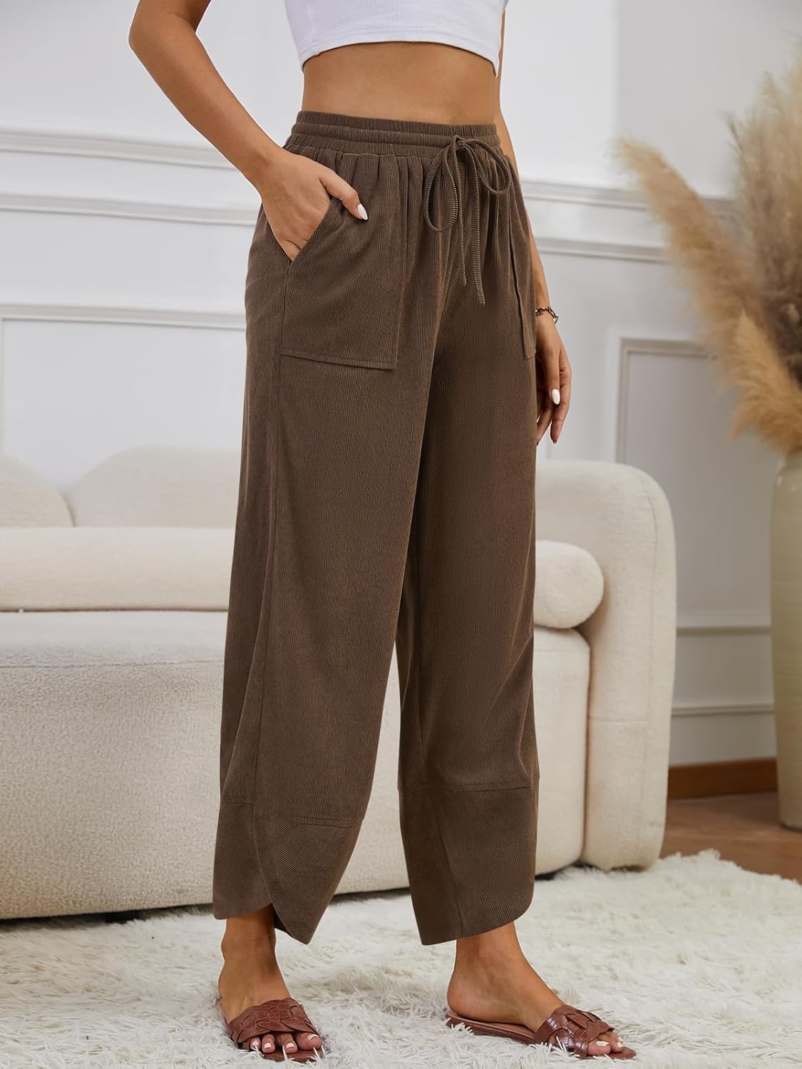 Womens Corduroy Pants Casual Wide Leg Pants Harem Pants Baggy Trousers Drawstring Elastic with Pockets - Image 3