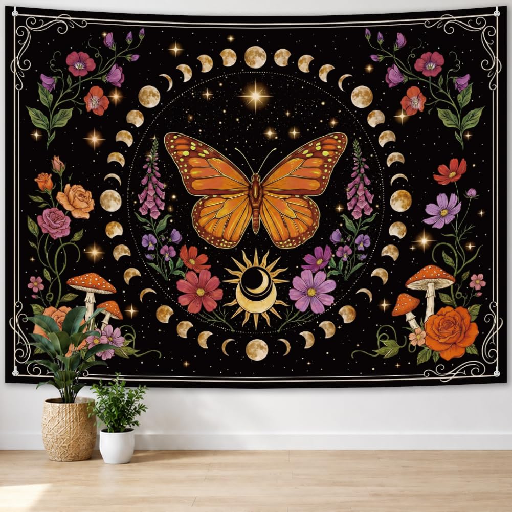 arricraft 1pc Polyester Backdrop Tapestries, Moon Phases Butterfly Patterns Photography Background Decorative Tapestry and Wall Hanging Art for Party Porch Home Decor 35.43x47.24 Inches