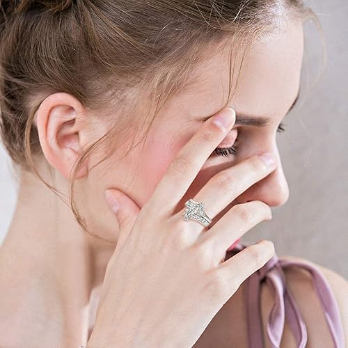 Vista 6 de Jeulia - Juego de anillos de boda con corte de marquesa de plata de ley, anillos de compromiso con circonia cúbica y diamante blanco solitario