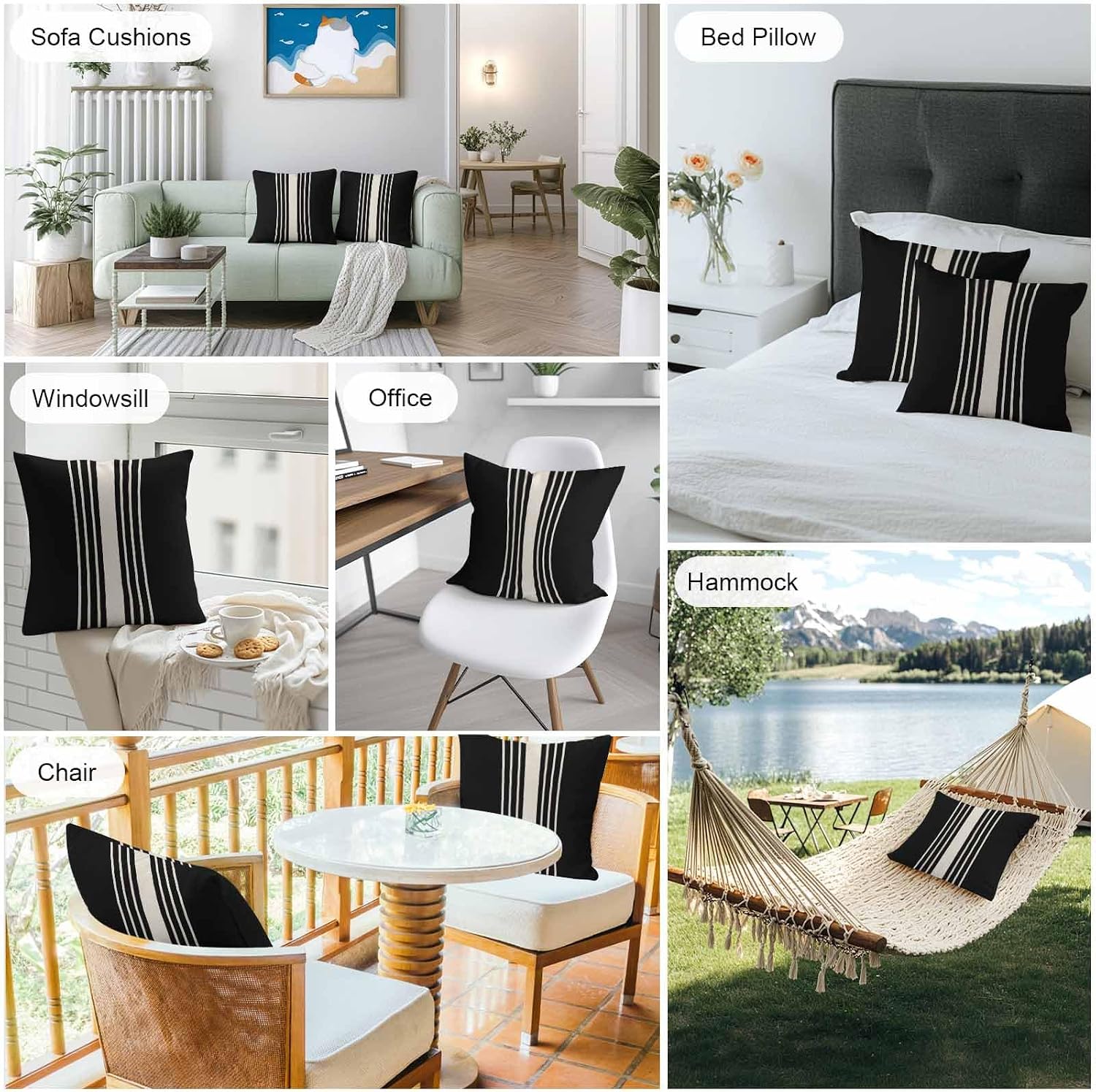 Vandarllin Outdoor Throw Pillows Covers 24x24 inch Set of 2 Waterproof Black Stripes Decorative Zippered Cushion Covers for Patio Furniture, Classic Striped Linen Lumbar Pillowcases