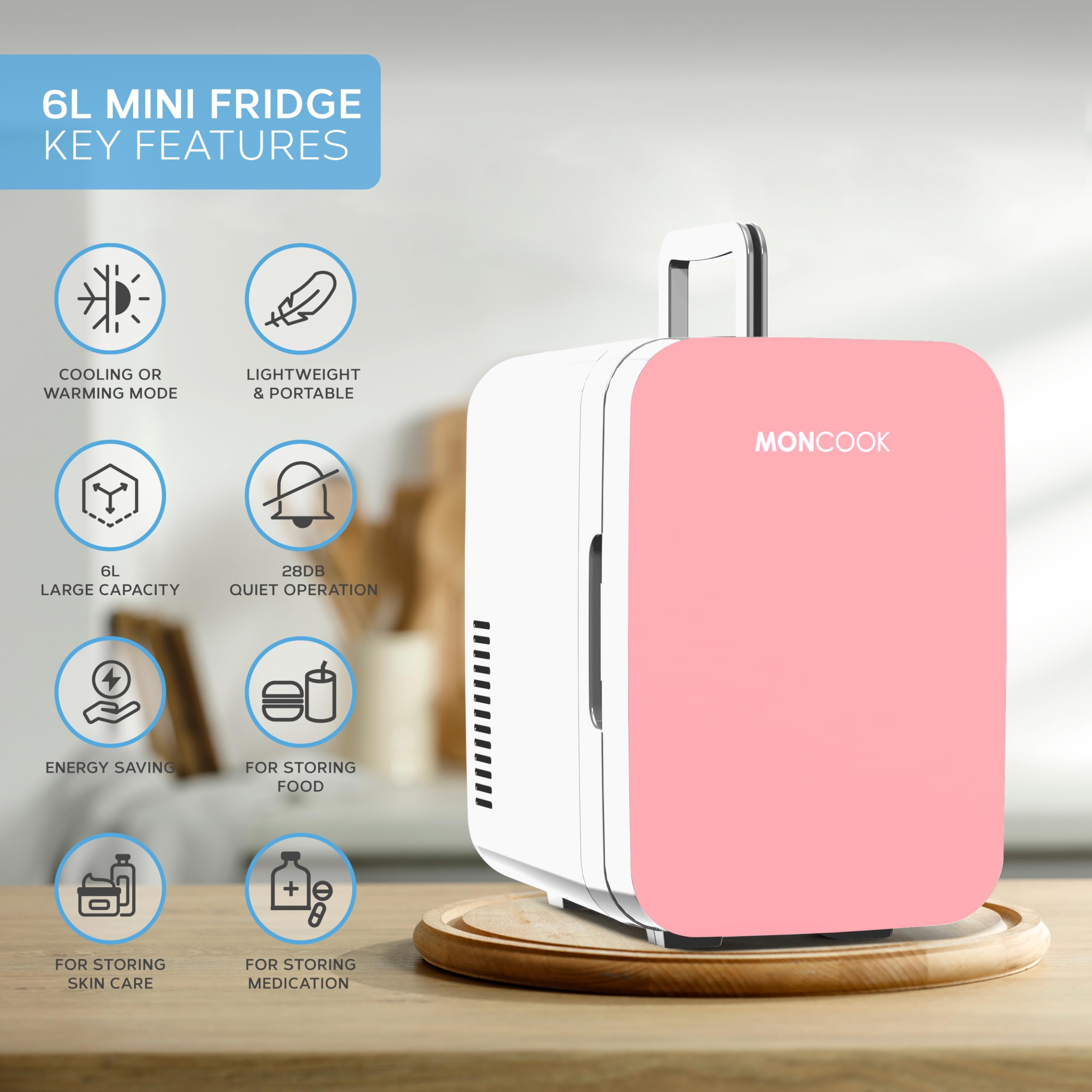 MONCOOK Mini Fridge For Bedrooms - Small, Portable & Quiet - Glass Door Mini Fridge For Skincare, Food & Drinks - Cooling & Warming Function - Perfect For Home, Office, Car Or Travel - 6L Pink
