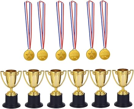 GETJOY 12 PCS Mini Trophies, Medals, Trophy Cup, Golden Plastic Winner Medals With Ribbon Necklace Set - Perfect for Competitions, Sports, and Party Rewards