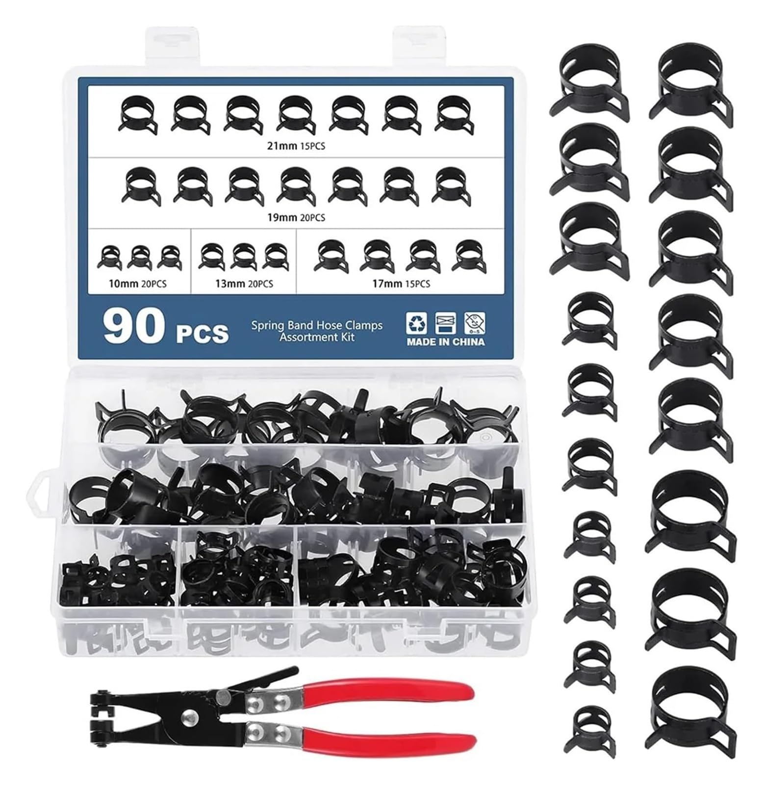 90 abrazaderas de manguera con resorte de 10-21 mm - Juego for líneas de combustible, aire a baja presión, tuberías de agua y vacío. Incluye alicates.