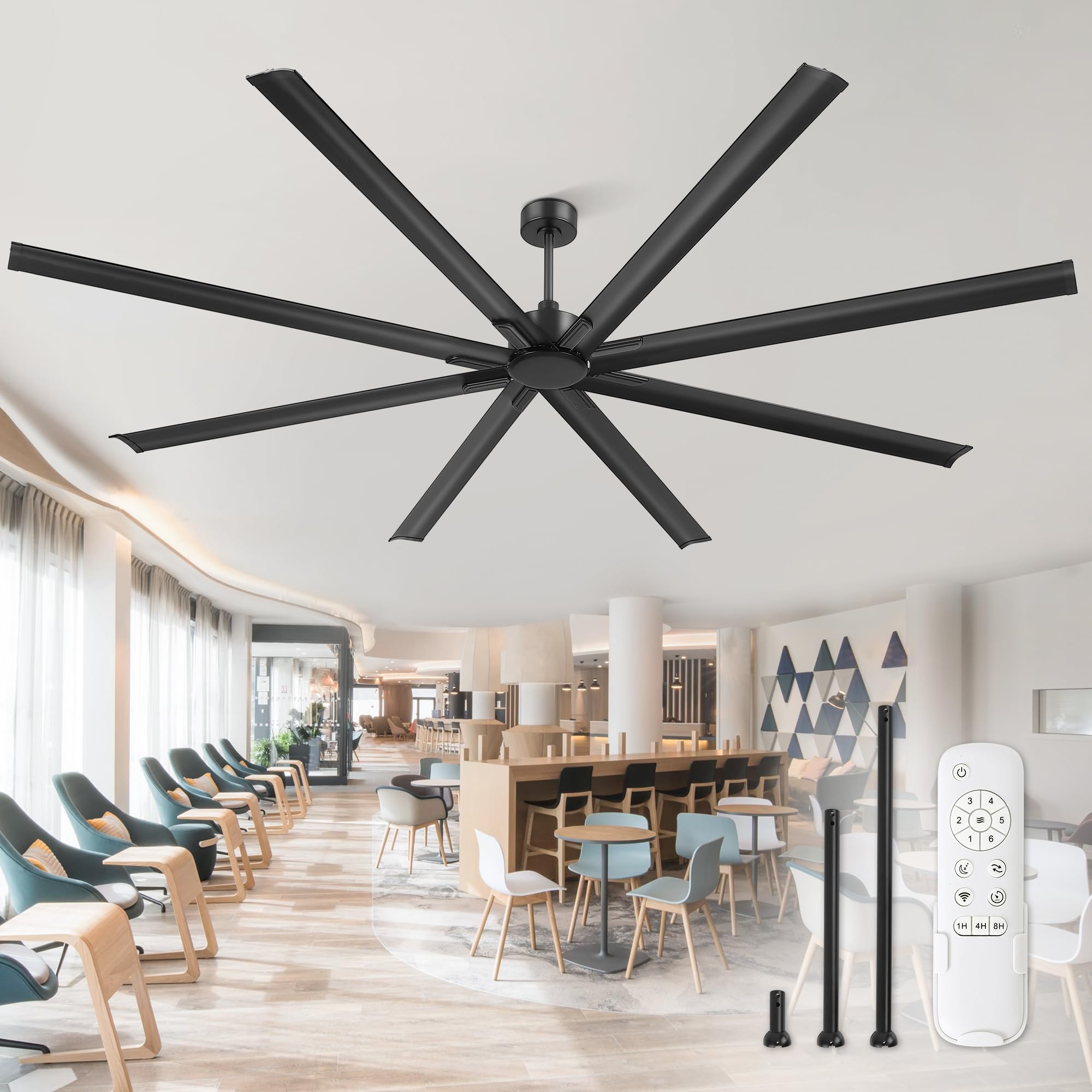 ZMISHIBO 108 Inch Large Ceiling Fans with Remote, High Volume(HVLS) Industrial Ceiling Fan with Reversible DC Motor, 8 Blades, 3 Downrods, Commercial