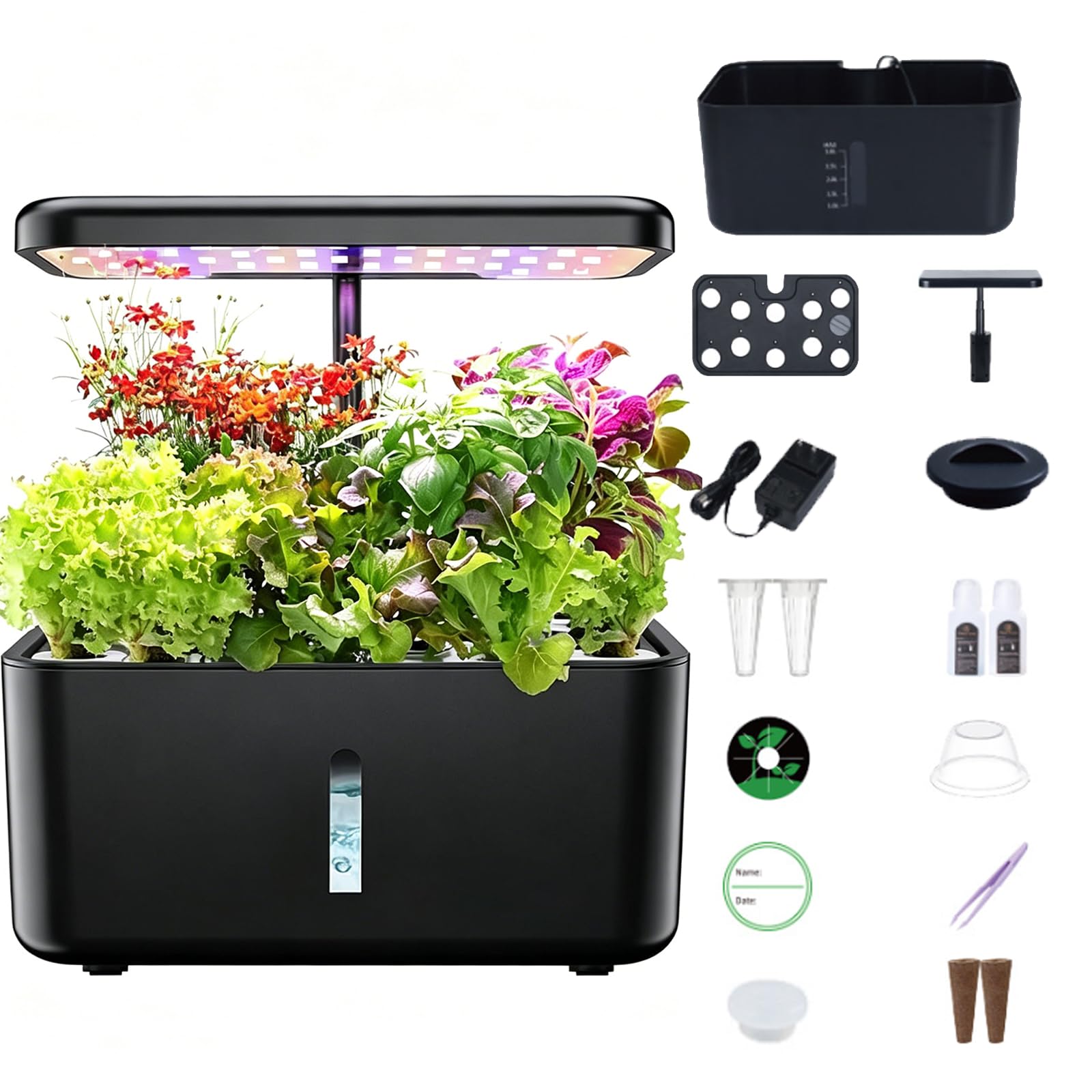 Sistema de cultivo hidropónico, 10 cápsulas, kit de jardín inteligente de hierbas LED para interiores, jardín interior, temporizador controlado, con crecimiento de espectro completo de 24 W, tanque de