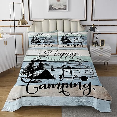 Miniatura 2 de Erosebridal Juego de edredón Happy Camping Camper, ropa de cama rústica de granja, accesorios de camping, juego de ropa de cama de madera vintage