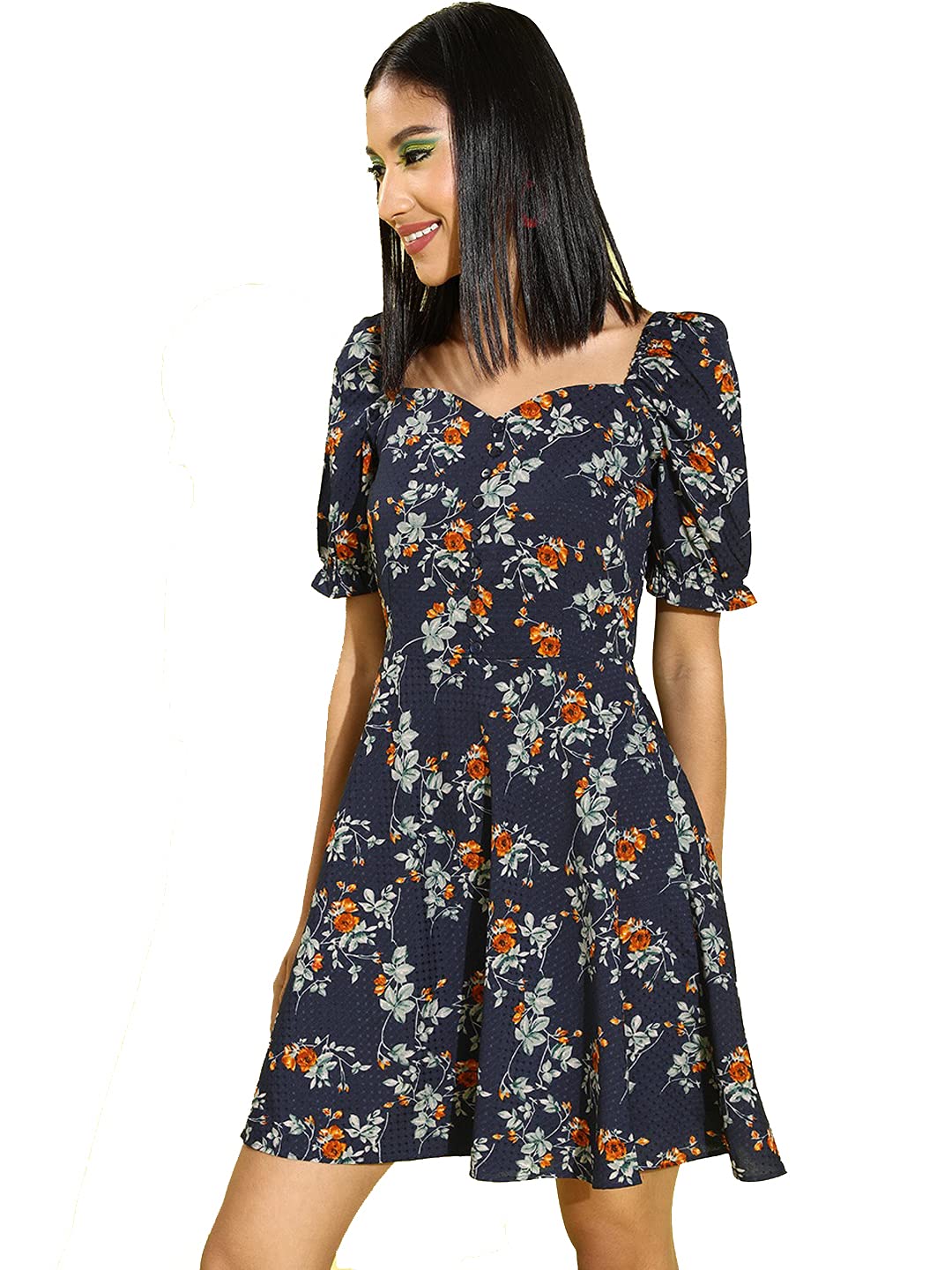 Rare Women's Crepe Fit And Flare Knee-Length Dress (Ep6247_Navy_M)