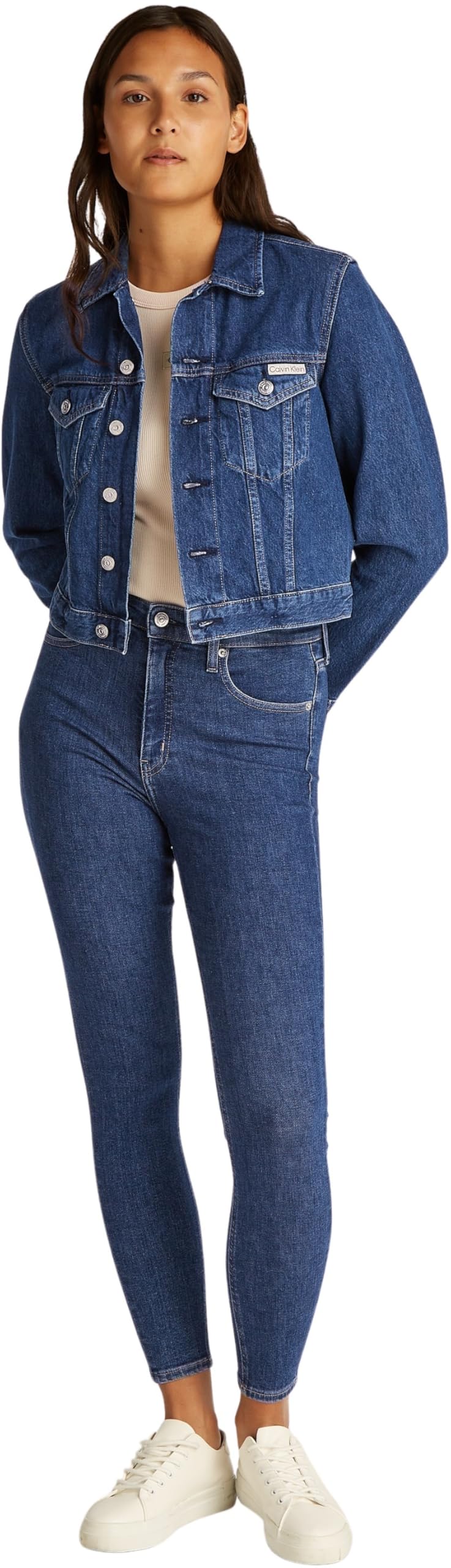 Calvin Klein Donna Giacca in Jeans Cropped 90’S Denim Trucker con Taschini sul Petto