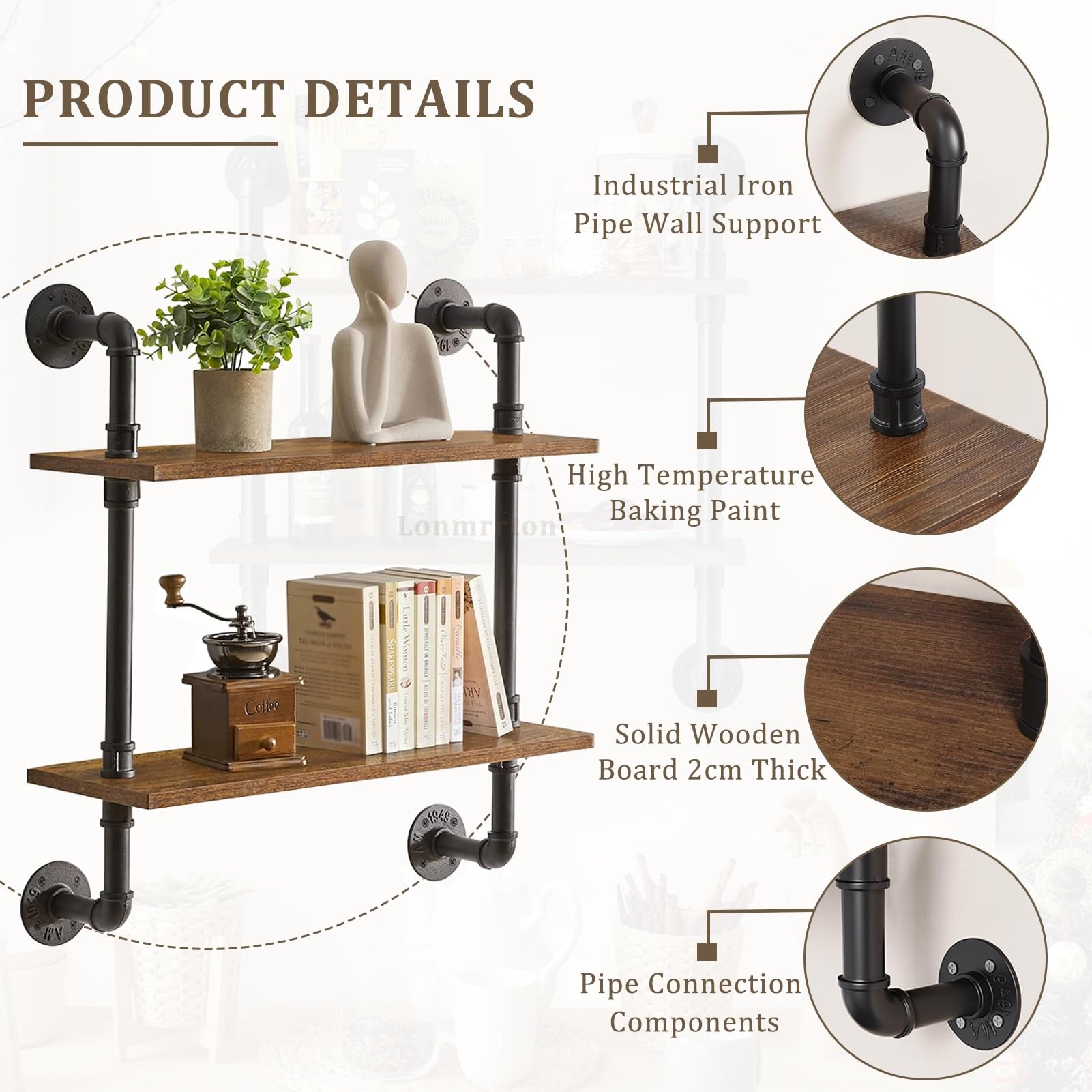 Industrielles Rohrregal, Badezimmer, Küche, schwebendes Lagerregal, Ausstellungsregal, Wandmontage, Regal für Wohnzimmer, Schlafzimmer, 2 Etagen, Holzregal, Schwarz (80 x 25 x 65 cm)