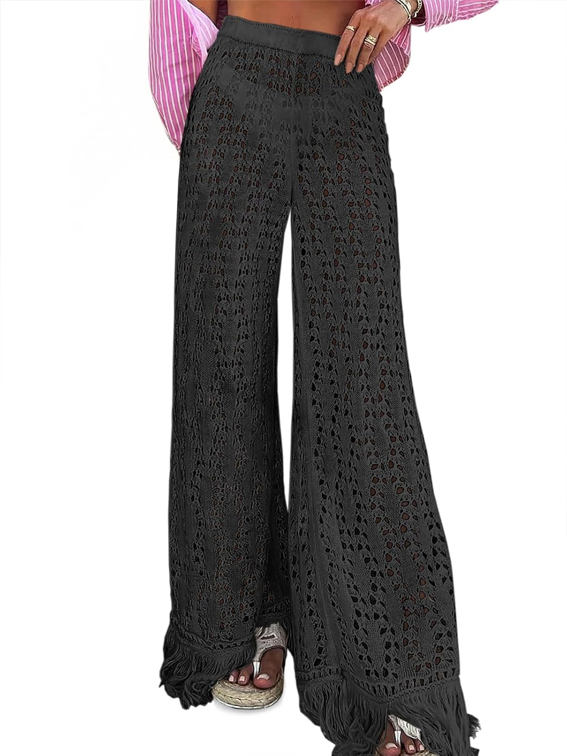 Fisoew Womens Crochet Cover Up Pants Casual Wide Leg High Waisted Hollow Out Tassel Summer Beach Mesh Bathing Suit Pants