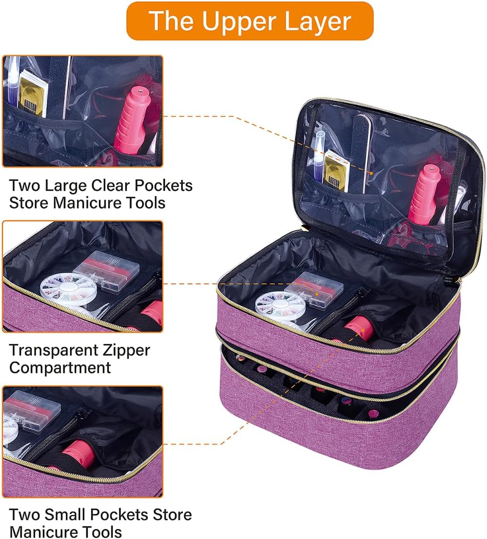 Nail Polish Organizer Bag Double Layer Capacity Portable Travel Storage Case Holds 30 Bottles (15 ml/0.51 floz) Nail Supplies Holder Bag Designed for Nail Tools Purple