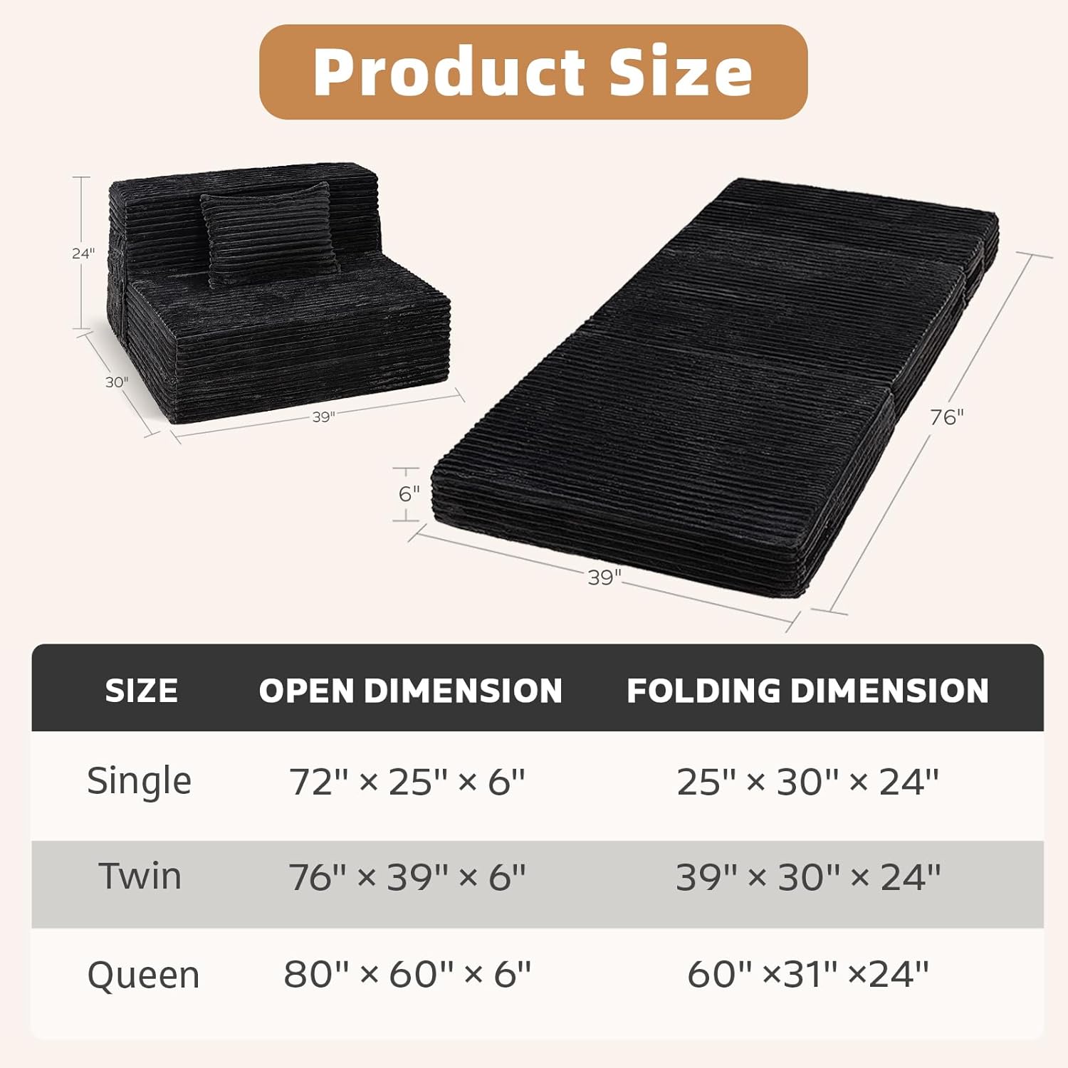 Folding Sofa Bed Single - 4 in1 Convertible Foldable Sleeper Chair with Pillow, Fold Out Couch, High-Density Foam Floor Mattres, Space-Saving Futon for Living Dorm Guest Room and Office, Grey