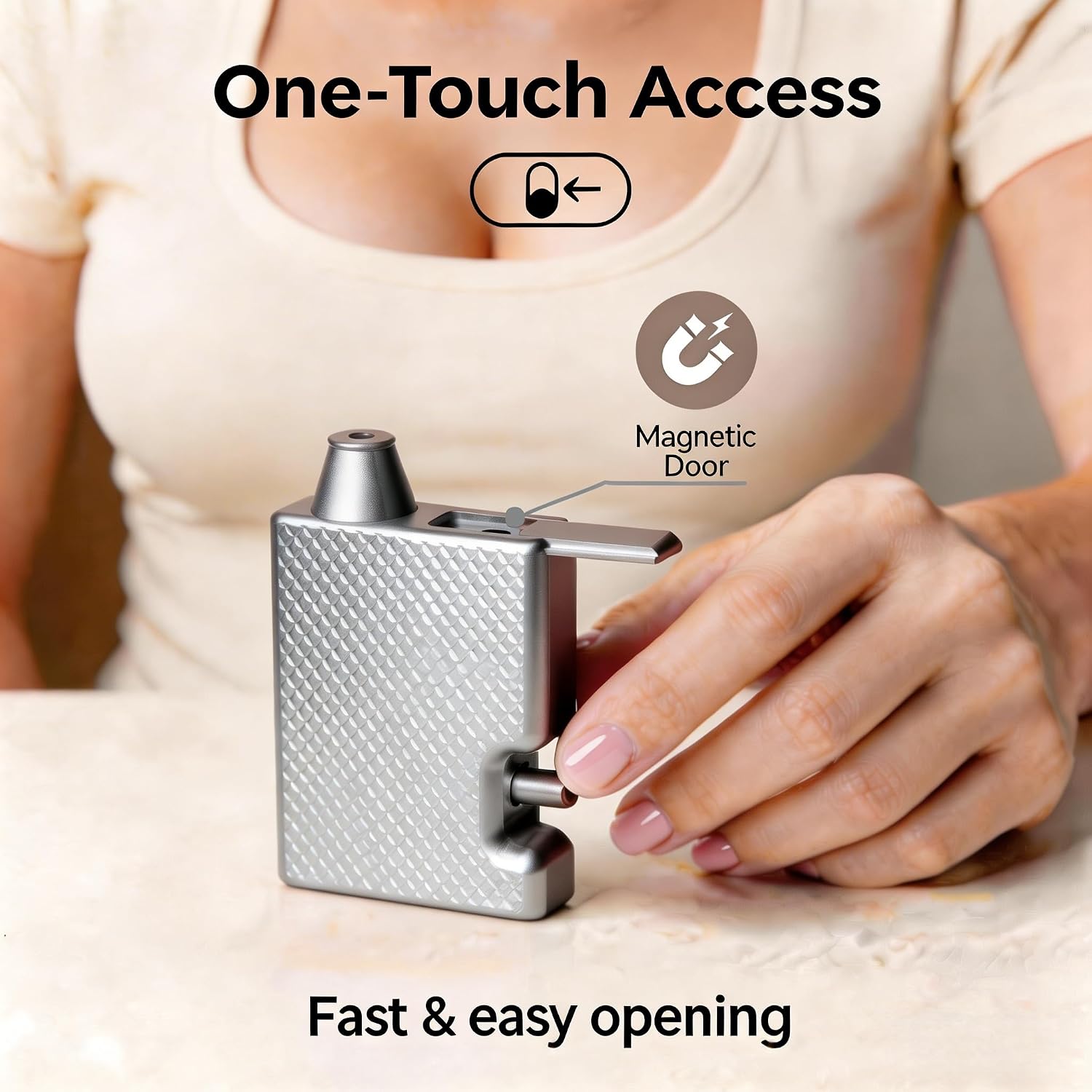 Checkered Pattern Aluminum Container | Dispenser with One-Button Operation | Magnetic Door & Leak-Proof (Matte Silver)