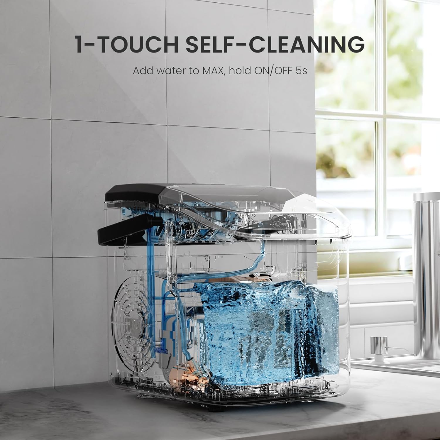 Kismile Countertop Ice Maker, 8 Cubes in 6 Mins, 26Lbs/Day Bullet Ice, Portable Ice Maker with 2 Sizes of Cubes, Self-Cleaning Ice Maker Machine with Basket & Scoop for Home/Kitchen/Office/Party - Image 5