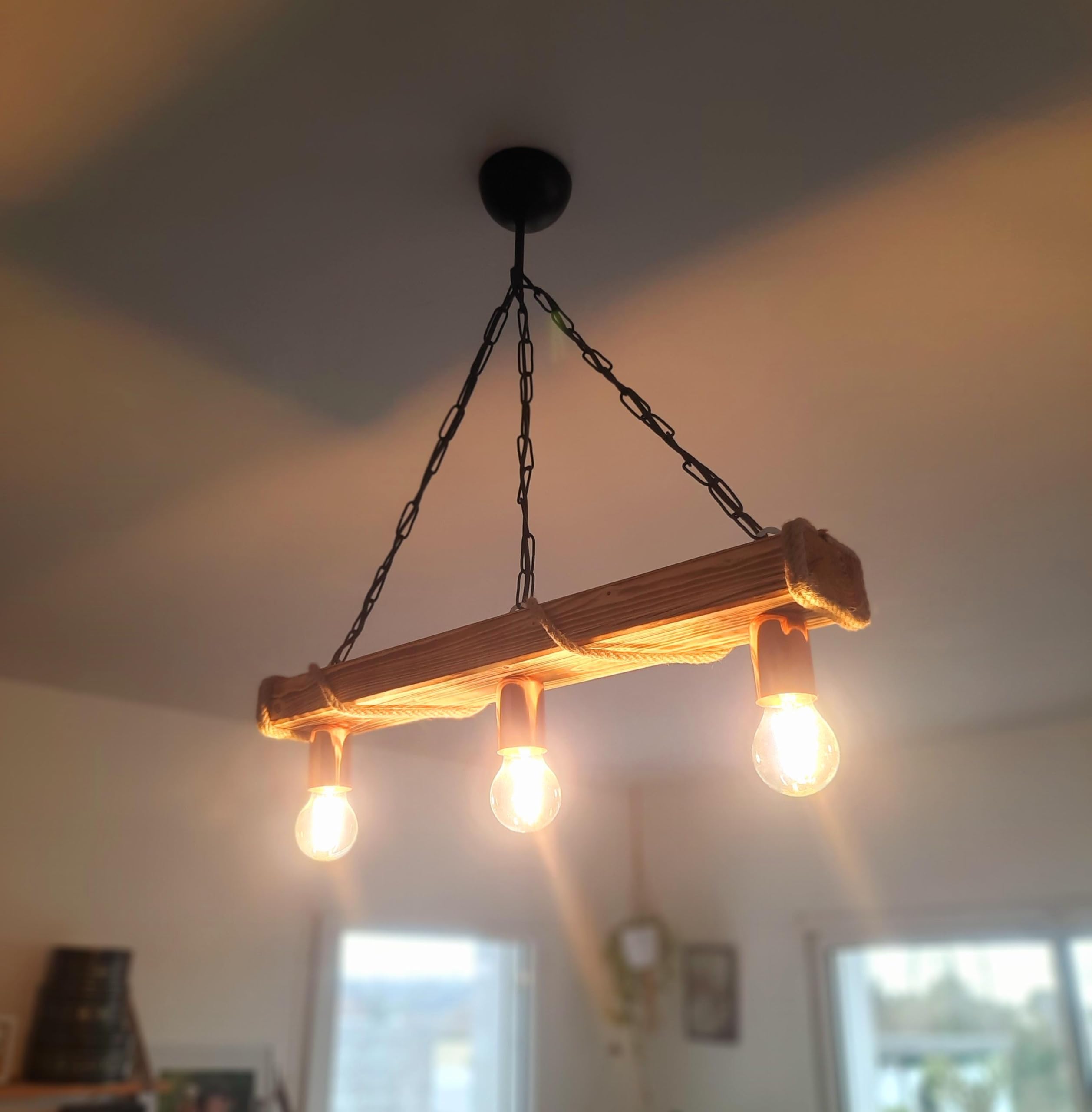 Lustre suspension en bois corde et cuivre - style industriel campagne chic - 3 ampoules E27