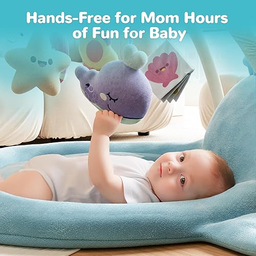Miniatura 4 de Tapete de juego para bebé, tapete de ballena con juguetes, gimnasio de actividades para bebés de 0 a 12 meses, tapete sensorial 100% algodón para