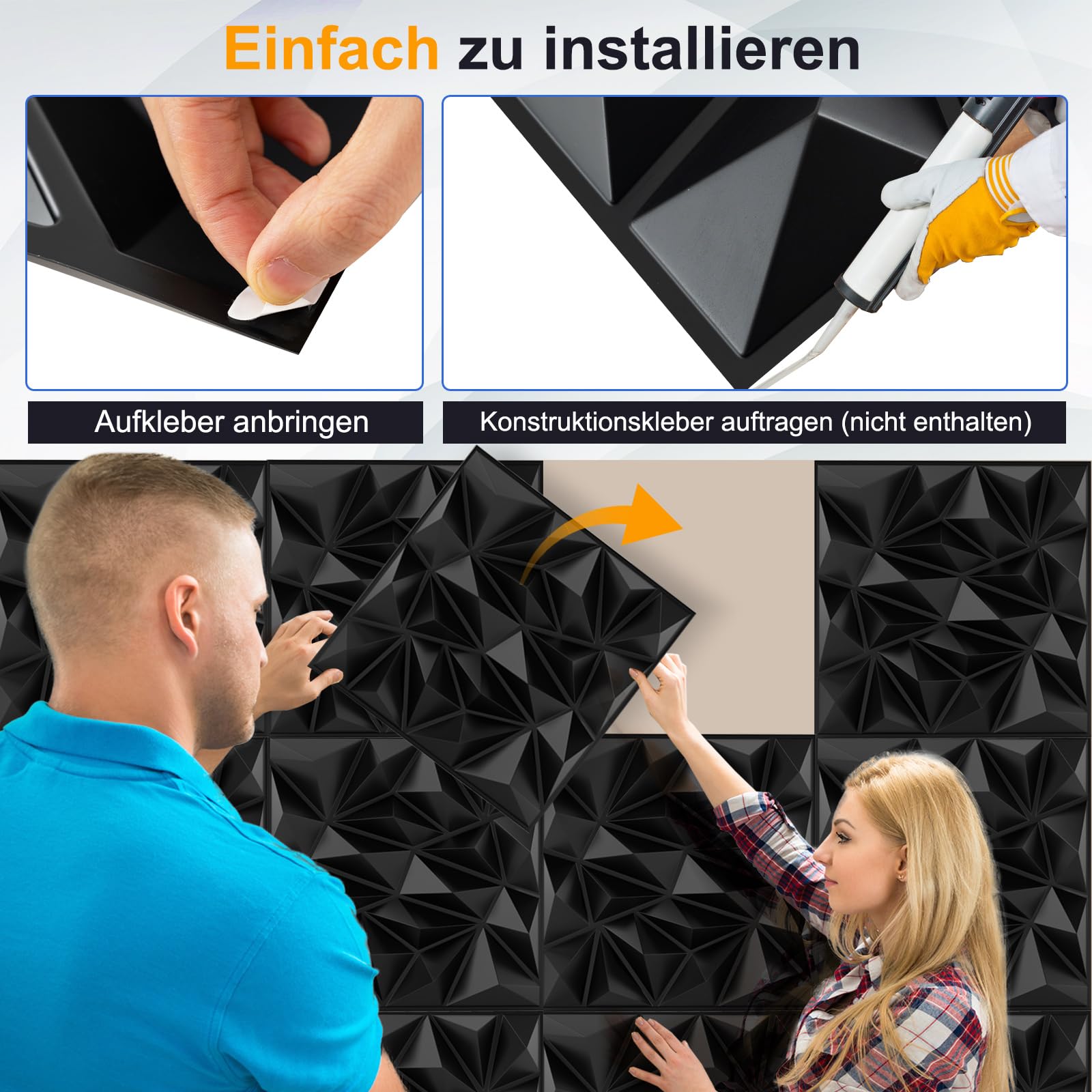 COSTWAY 40 sztuk paneli ściennych 3D, diamentowe, 50 x 50 cm, okładzina ścienna do wnętrz, płyty ścienne, panele sufitowe, PCW, 10 m², do salonu, sypialni (czarne)