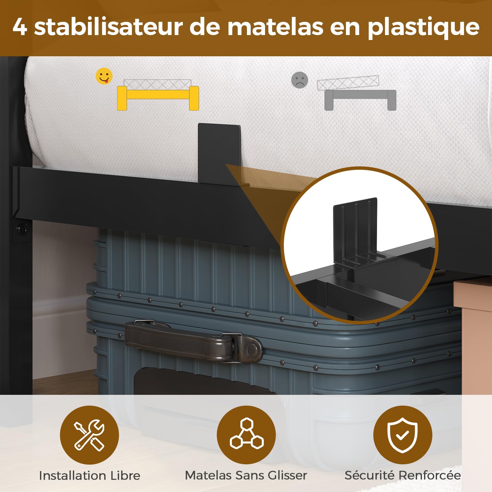 Lit 140x200 avec Sommier et Rangement, Cadre de Lit 140x200 en Métal avec Éclairage LED Réglable et Multiprise, Tête de Lits avec Panneau Perforé, Lits Double Style Industriel Marron Rustique
