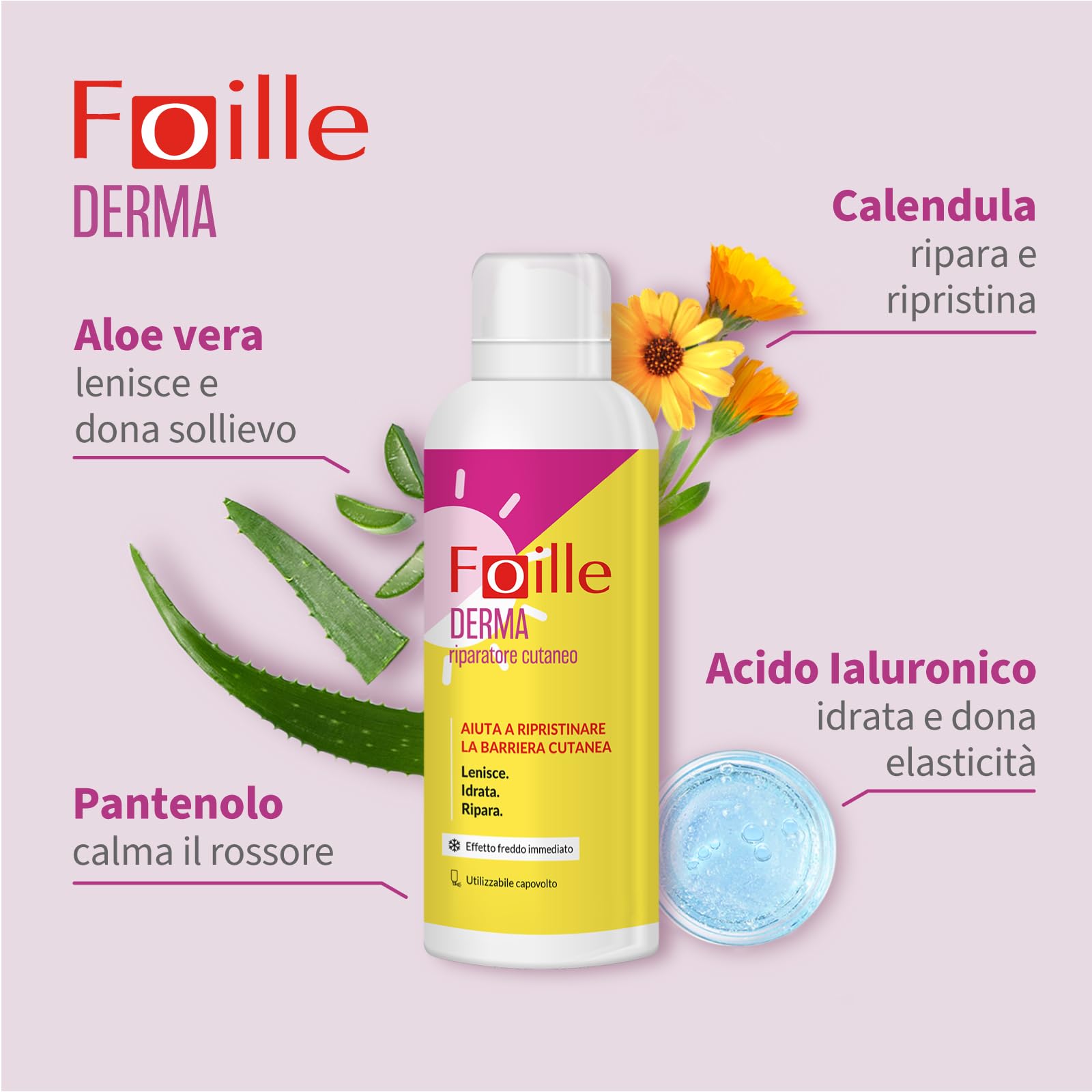 Foille Derma Spray Doposole Lenitivo con Aloe Vera, Pantenolo e Acido Ialuronico, Idratante e Rinfrescante per Pelle Scottata o Arrossata, Formula Senza Alcool, Assorbimento Rapido, 150 ml