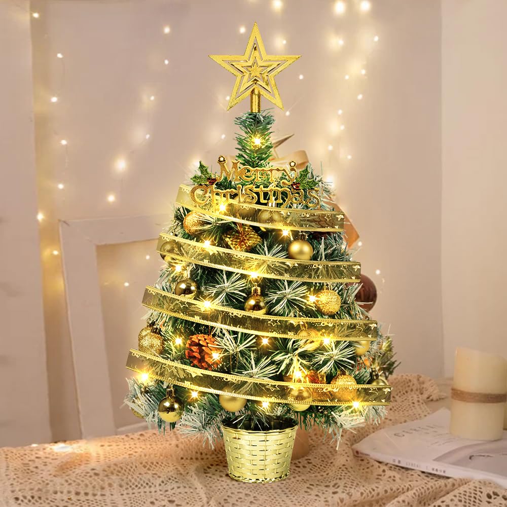 20" Small Tabletop Christmas Tree,Prelit Mini Xmas Artificial Trees, Snow Flocked Battery Operated Tiny Trees with Lights, Balls Ornaments, Lighted Xmas Decorations for Table Centerpiece