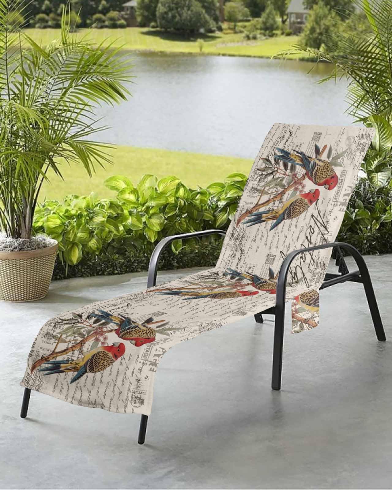 Beach Pool Patio Lounge Chaise Chair Cover Towel with Pockets,Retro Birds Absorbent & Quick Dry Microfiber Towel Cover Bag Summer Travel Accessories Old Newspaper Antique Animal Beige Leaf