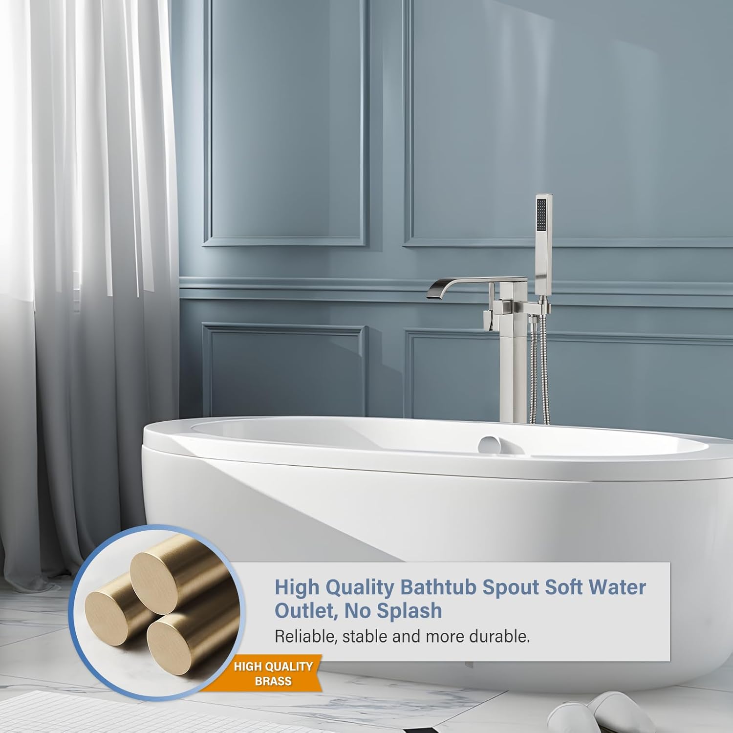 Freestanding Bathtub Faucet Brushed Nickel Tub Filler Floor Mount Single Handle Brass Tap with Handheld Shower and Swivel Mixer Spout - Image 4