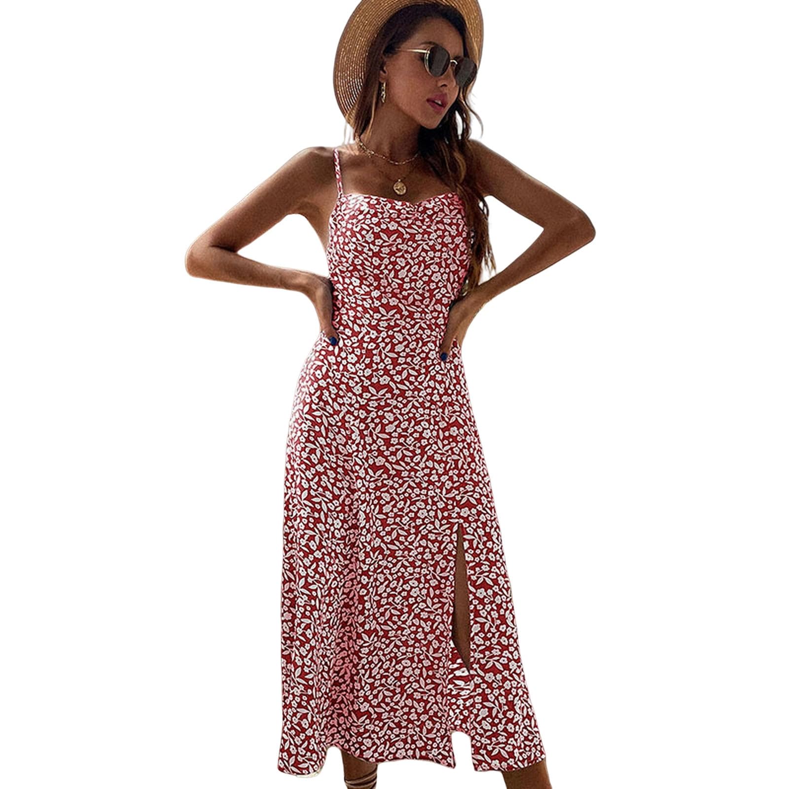 Dresses - Vestido midi bohemio para mujer, con lazo en los hombros, sin mangas, estampado floral, abertura en el muslo, color azul YYEFNMAZ