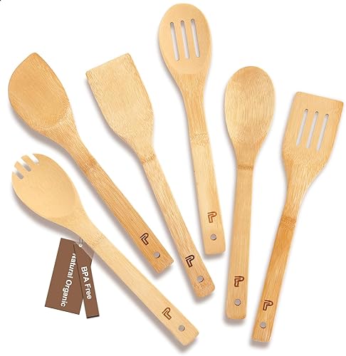 Cucharas de madera para cocinar, juego de utensilios de madera de 6 piezas, espátula de madera antiadherente para cocinar, utensilios de cocina de
