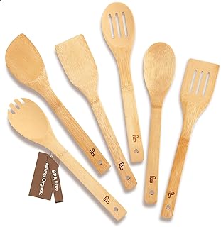 Houten lepels voor het koken, set van 6 houten lepels, houten spatel voor het koken, houten lepel met gaatjes, houten keukengerei set, premium houten keukengerei