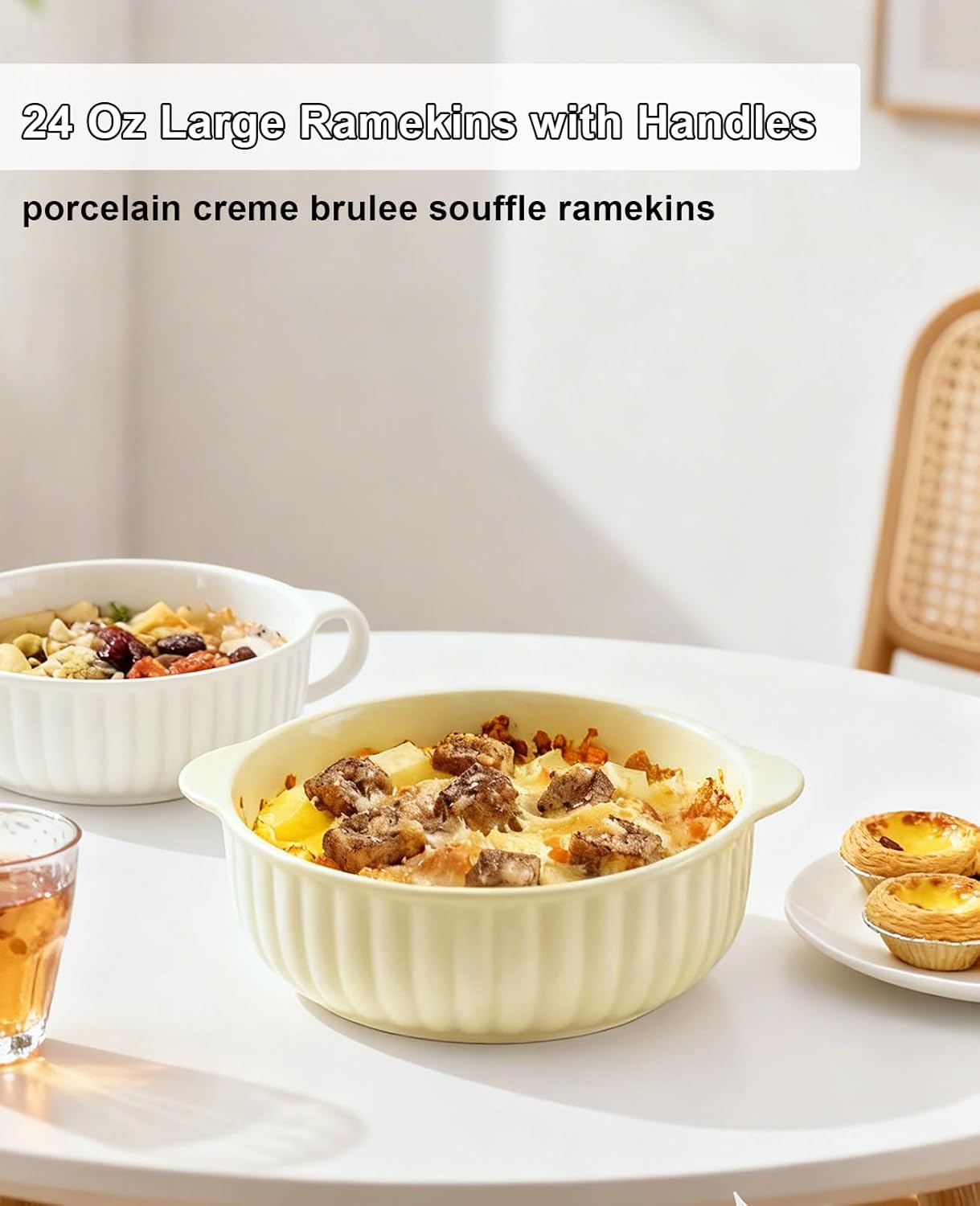 24 oz Large Ramekins Oven Safe, Creme Brulee Ramekins with Handles, Ceramic Baking Dishes Souffle Dishes, Soup Bowls Set of 2, Meal Prep Container, Baking Bowls Dishwasher Safe, Gift