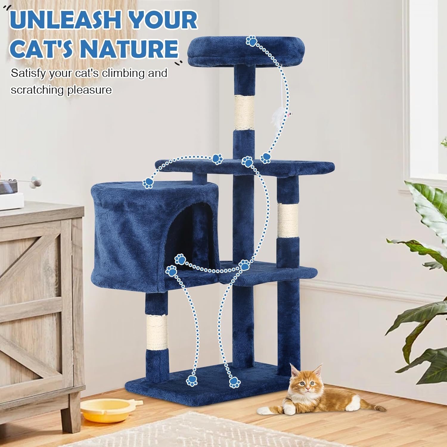 Cat Tree 36 Inch Cat Tower for Indoor Cats with Scratching Post,Padded Perch,Hanging Toys for Kittens & Adult Cats,Beige (Navy Blue)