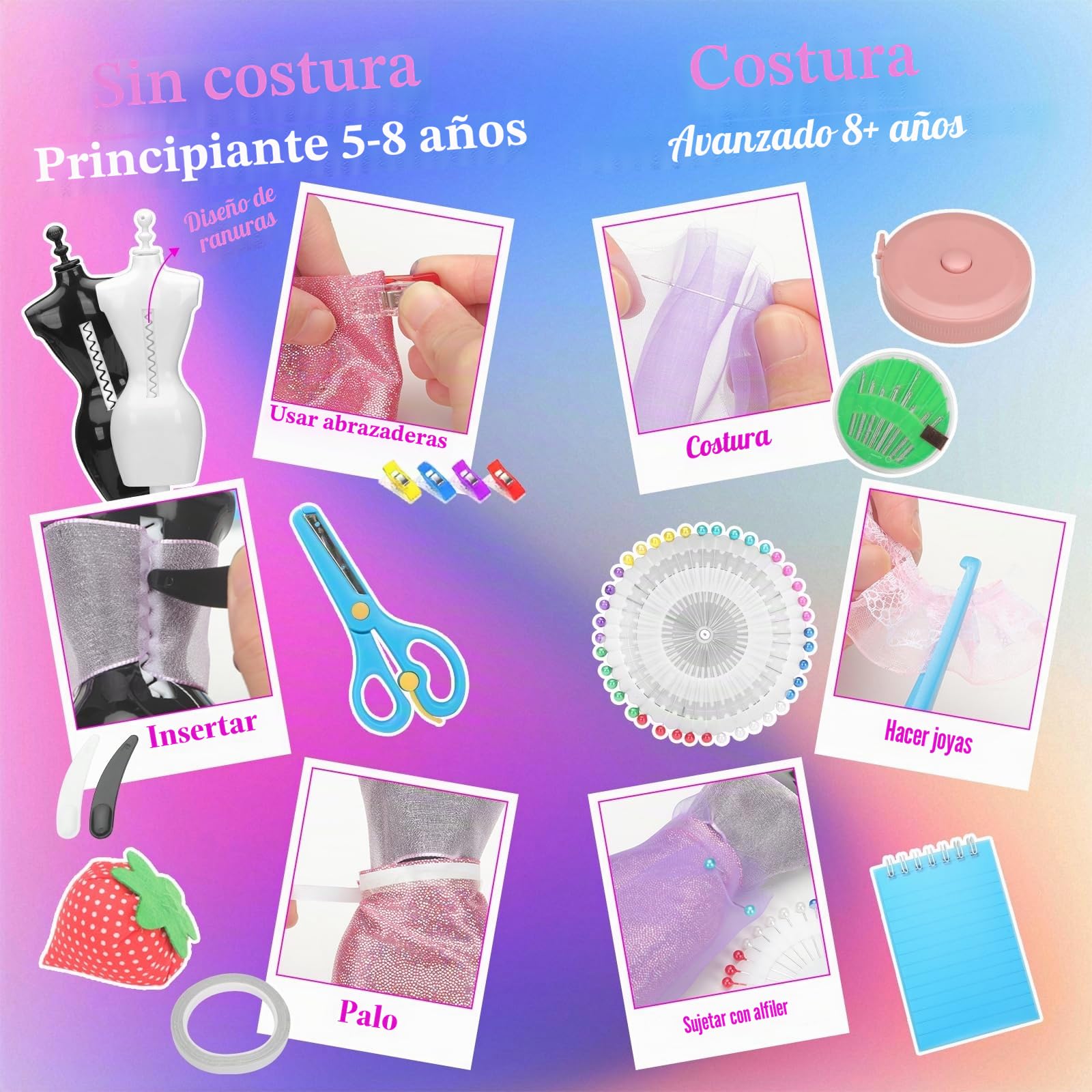 YOCOLE 1500+ Piezas Kit Diseña la Moda Niña, DIY Kit Costura con Telas Manualidades con 6 Maniquíes Accesorios, Regalos Fashion Designer Creativos Juegos para Niñas Niños 6 7 8 9 10 11 Años