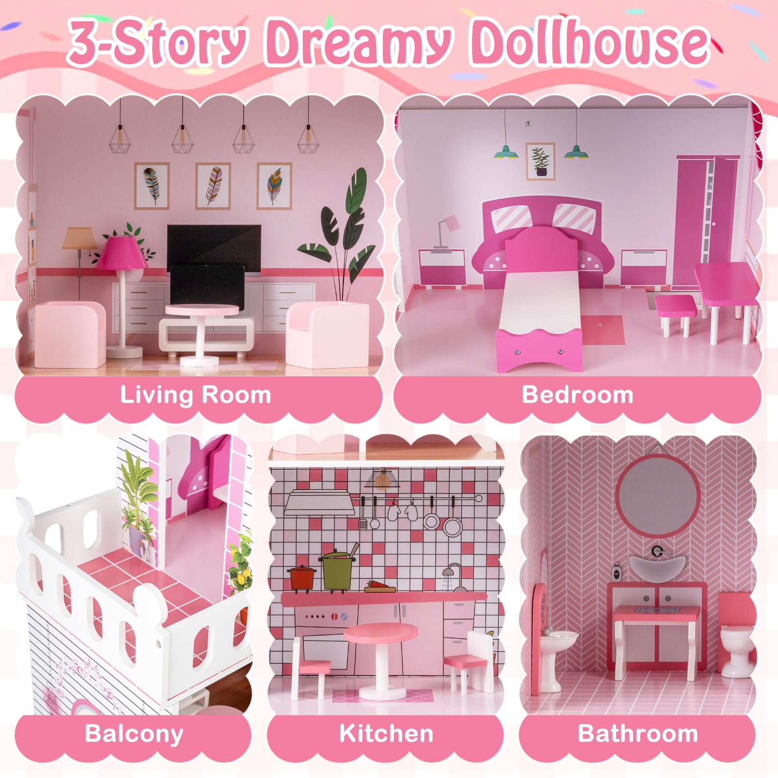 FANTASK Drewniany domek dla lalek 120,5 cm wysokości, willa dla lalek z 3 poziomami i 17 meblami, domek do zabawy dla dziewczynek i chłopców od 2 lat, 73 x 34 x 120,5 cm (różowy)