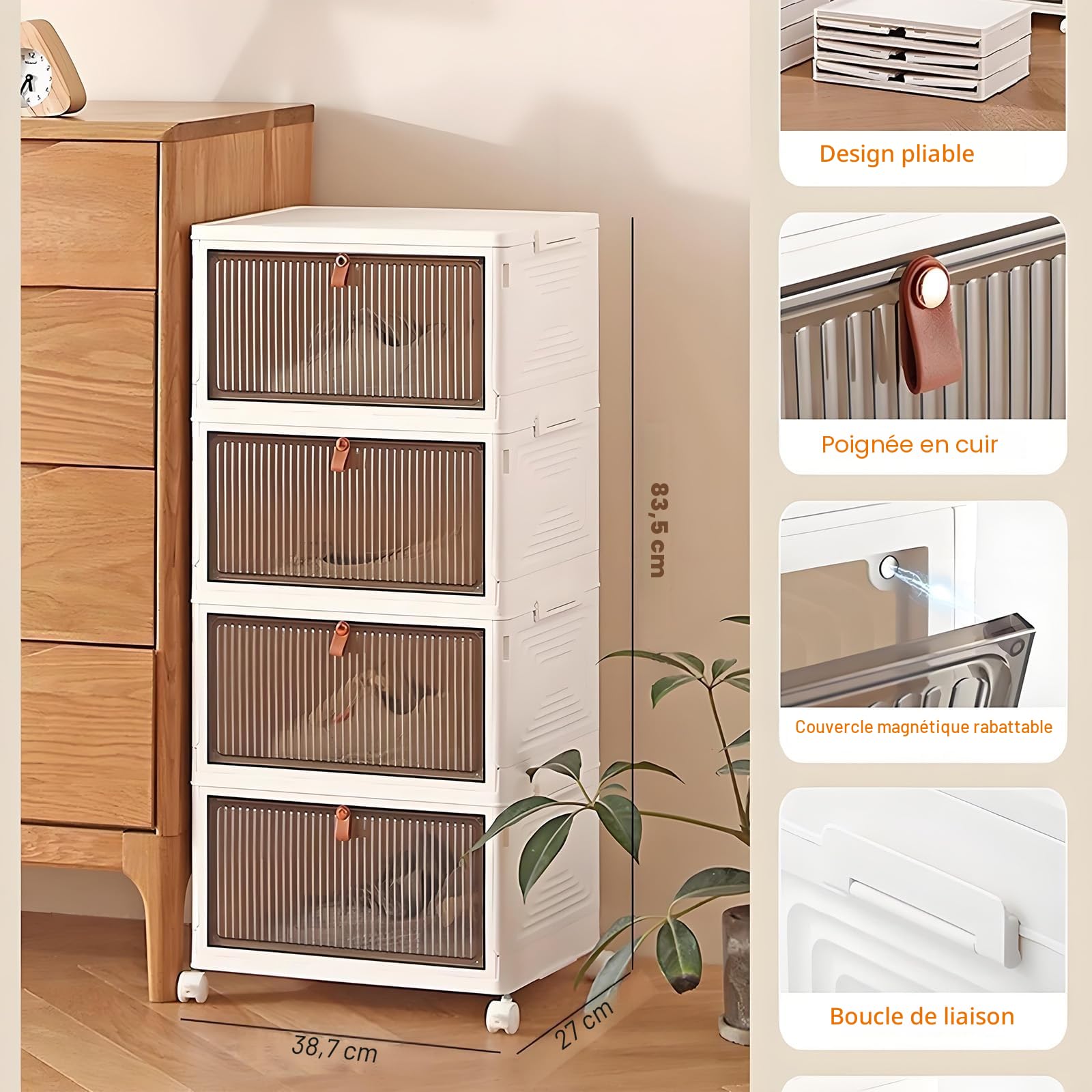 Boîte de Rangement Anti-poussière à 4 Niveaux en Plastique pour Table de Chevet sur roulettes Blanc Armoire de Rangement pour vêtements, pour Salon, Chambre, Couloir, Bureau
