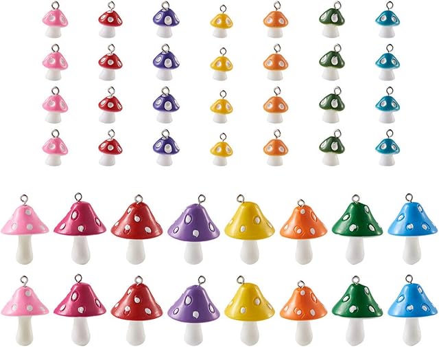 Beadthoven 30pcs Mushroom Resin Charms Pendants Lovely Mushroom Plant Dangle Beads for DIY Bracelets Necklaces Earring Jewelry Making Hole:1.5-2mm
