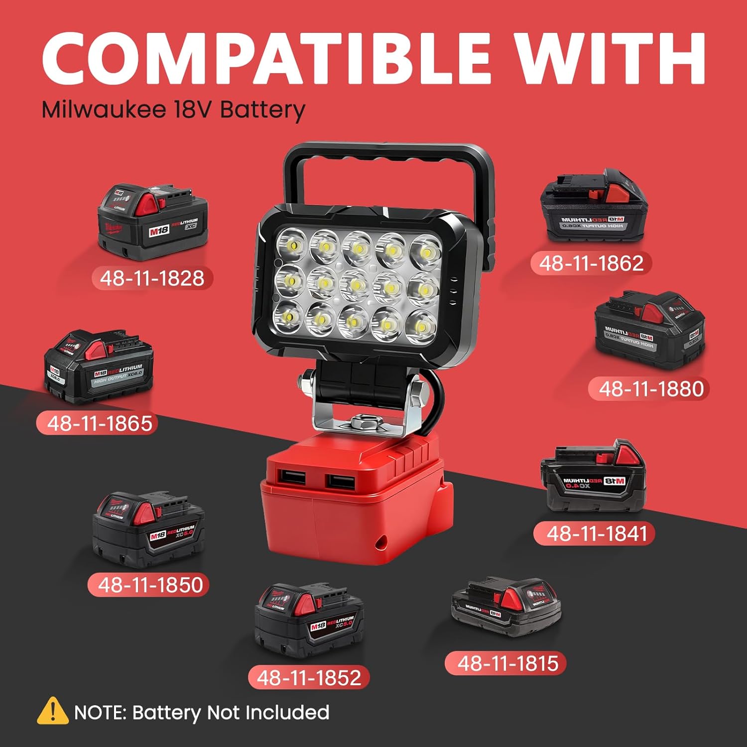 2 Pcs LED Work Light Compatible with Milwaukee 18V Battery, Cordless Flood Light with USB Charging Port, Portable Outdoor Lighting Flashlight,Tool Gifts for Men, for Emergency, Job Site, Car Repairing