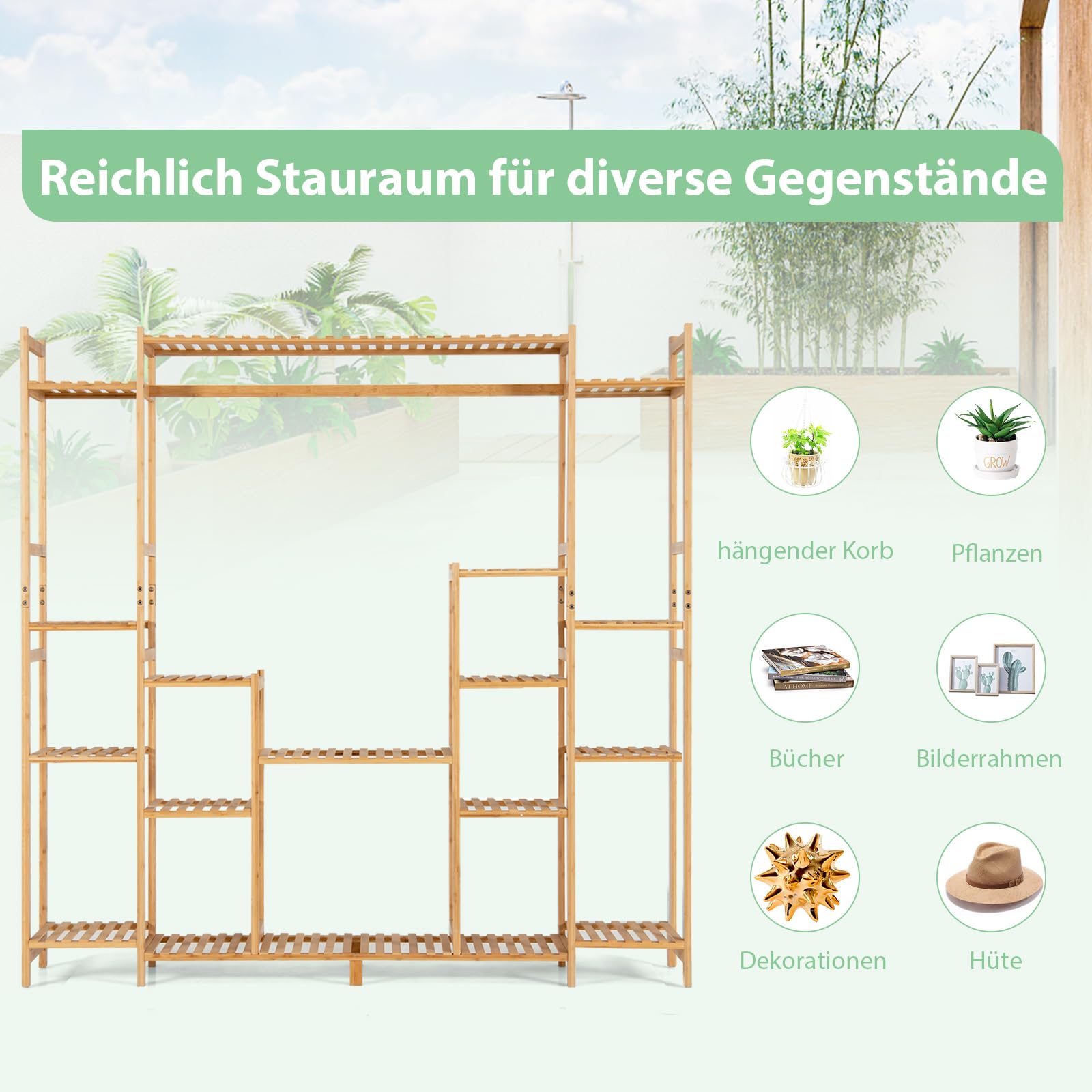COSTWAY Pflanzenregal Bambus, Standregal mit 9 Ebenen, Raumteiler Blumenregal mit Hängegestell, Treppenregal Stufenregal Pflanzenständer, Bambusregal für Wohnzimmer Balkon, 167 x 30 x 166 cm