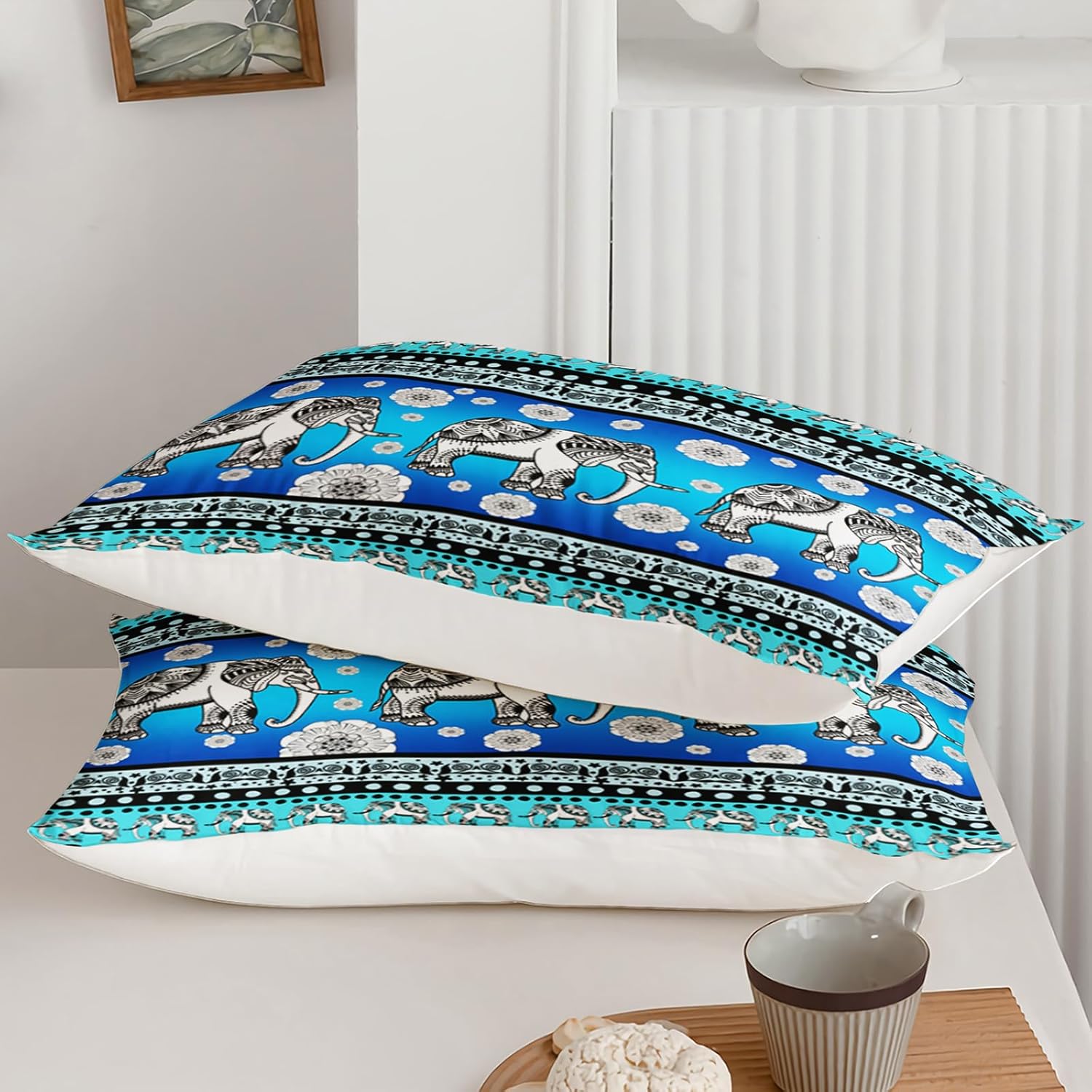 Bohemian Elephant Queen Comforter Set for Girls Kids Queen Size, Kawaii Duvet Tribal Ethnic Retro Pattern Bedding Sets, Women Bohemian Tribal Animals Quilt with 2 Pillow Cases Bedroom Decor