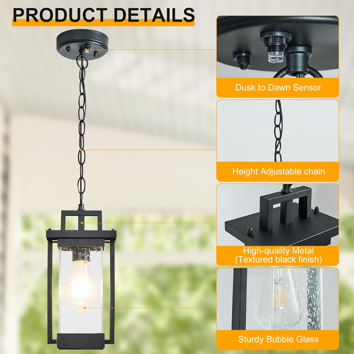 Outdoor Pendant Light Fixture with Dusk to Dawn Sensor, Large Outdoor Hanging Light Exterior Lantern, Modern Black Anti-Rust Metal Morden Chandelier for Front Door Entryway Porch (Black)
