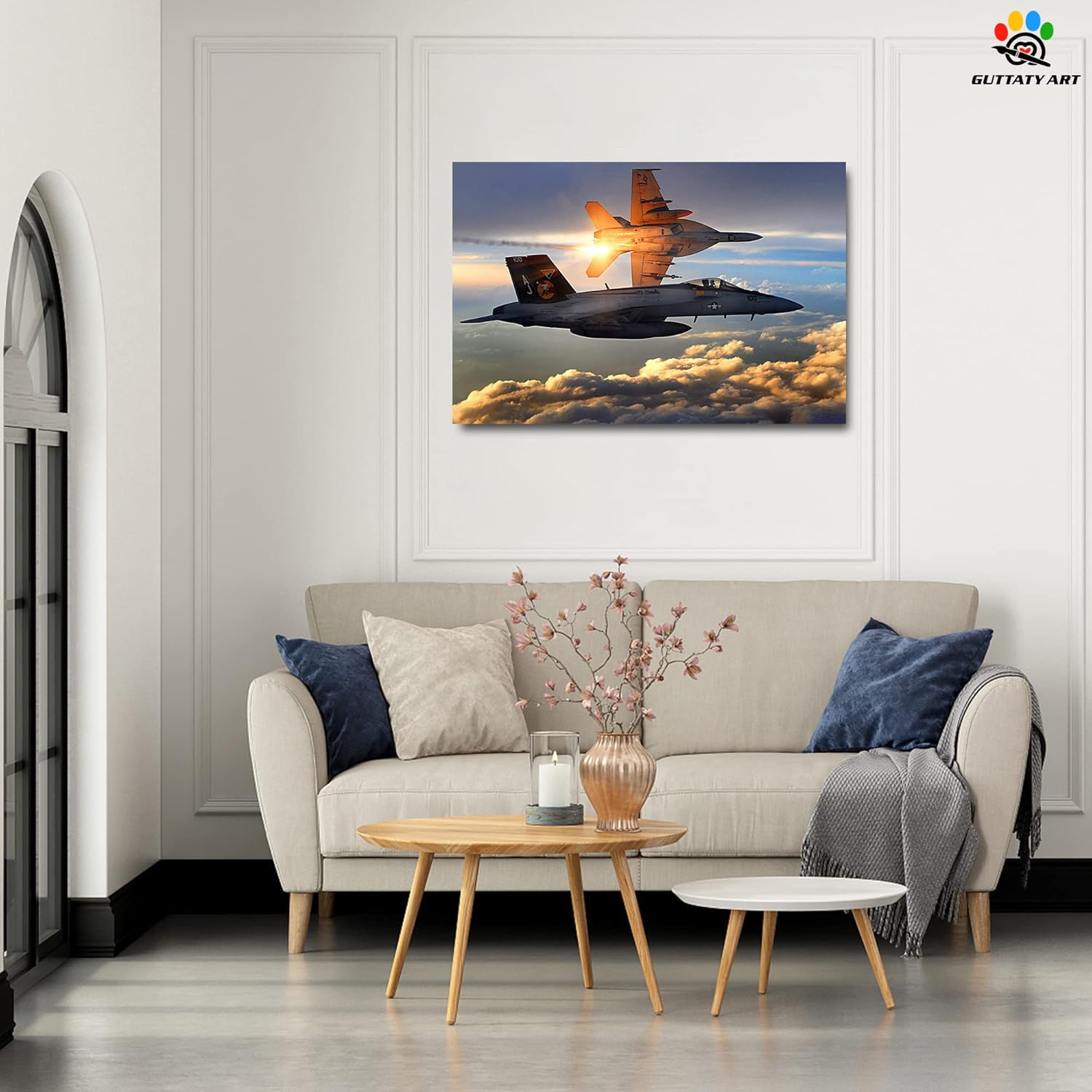 Airplane Canvas Wall Art Artwork, Modern FA-18E Jet Aircraft at Sunset Cloud Picture Print Wall Decor for Living Room, Classic Military Fighter Poster Painting for Bedroom Office Decor 28x36 Inches