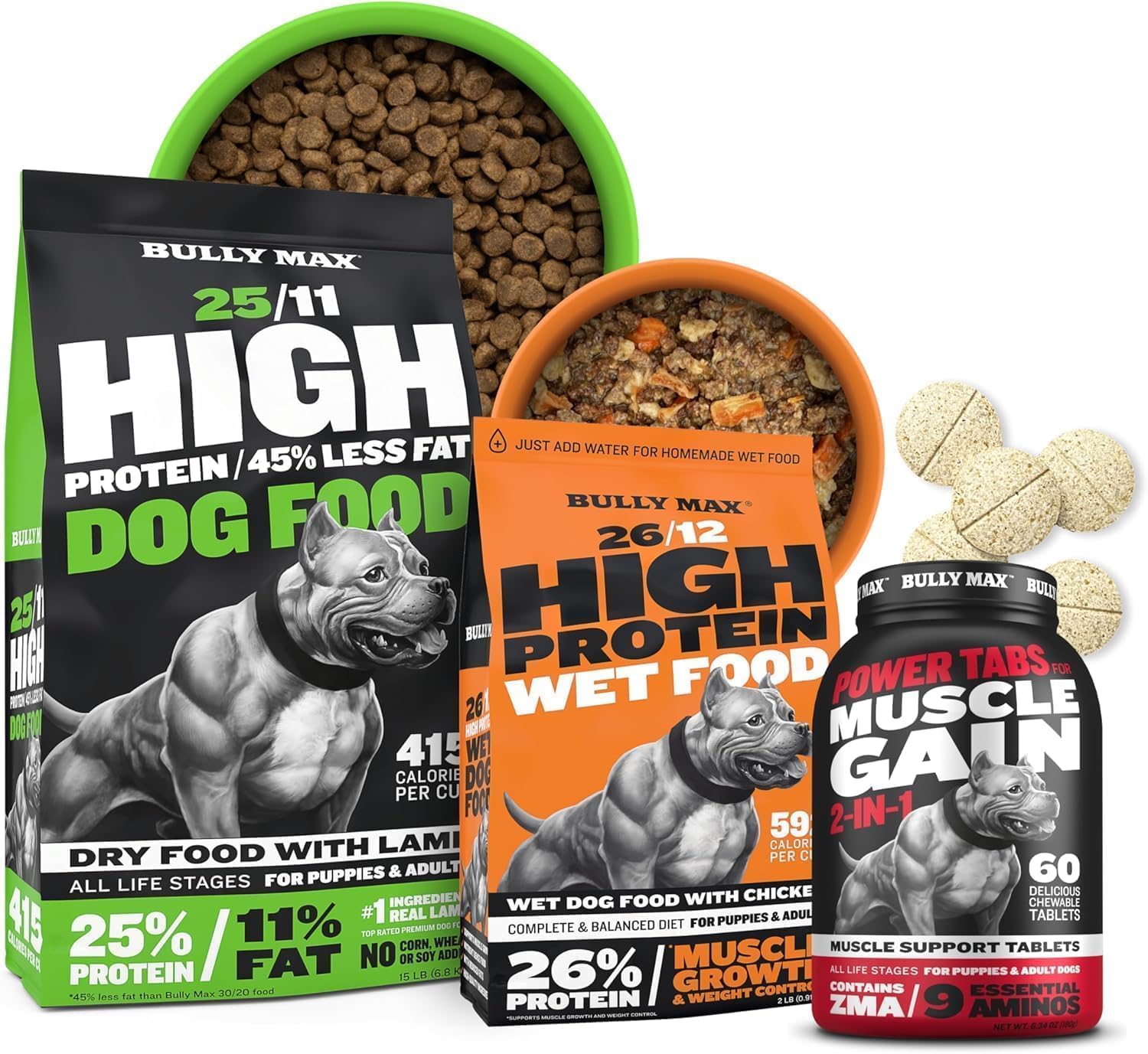 Bully Max High Protein Low Fat Dry Lamb Dog Food (15lbs. Bag) & Dehydrated Dog Food (2lbs. Makes 5.5 lbs. Wet Food) & Muscle Builder Tabs (60 tabs) for Puppies & Adults Balanced Nutrition & Vitality
