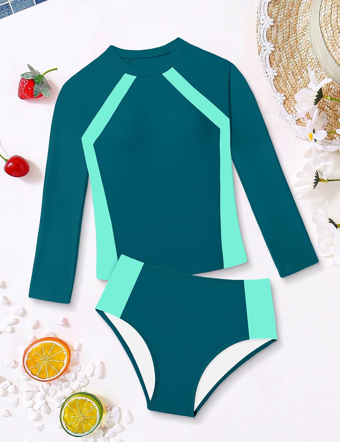 Girls Rash Guard Swimsuit Long Sleeve Swimsuit Color Block Two Piece Bathing Suit for Girls UPF 50+ Padded Swimwear