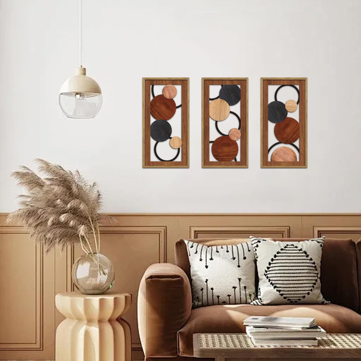 KAIRNE Boho Abstract Wooden Wall Art,3 Pieces Vintage Modern Wall Sculptures,Rustic Farmhouse Framed Hanging Decor,Minimalist Mid Century Wall Decor for Living Room Bedroom Kitchen Office,8X16 inch